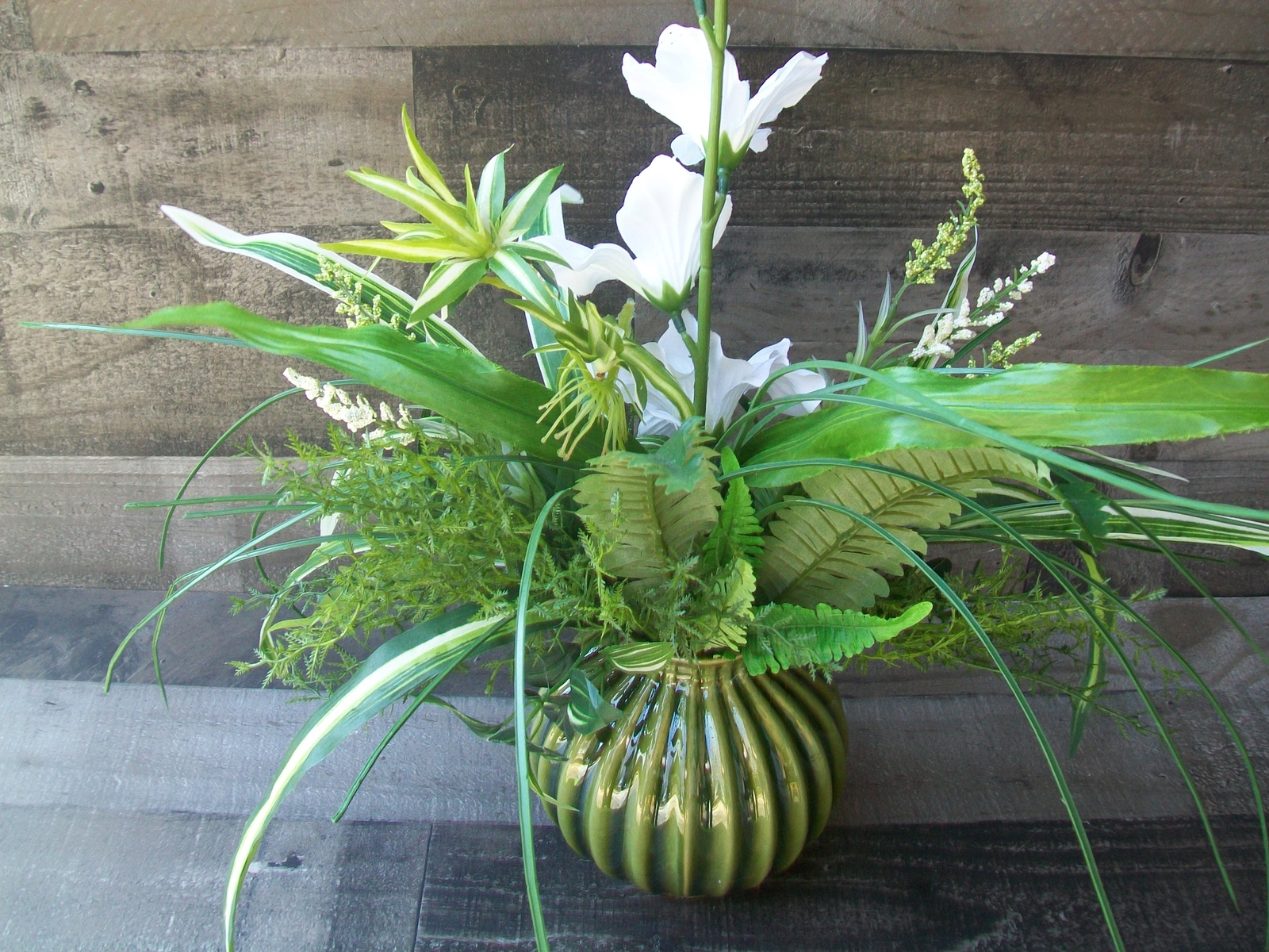 Green & White Spring All Occasion Floral Arrangement Centerpiece in Glass Vase