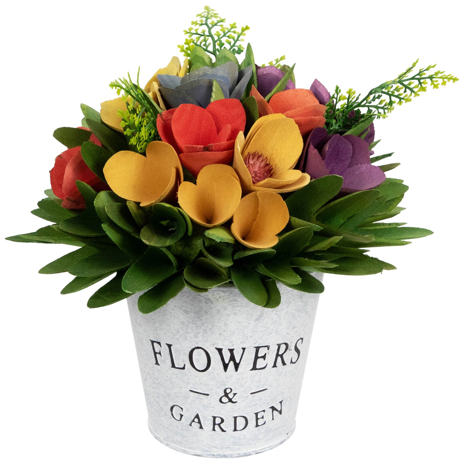 Northlight Wooden Artificial Spring Floral Arrangement “Flowers Garden” Pot – 8″