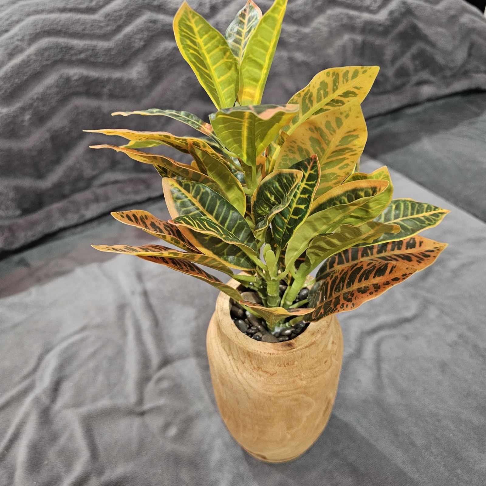 Artificial Croton Plant in Wooden Vase – Decorative Tabletop Plant