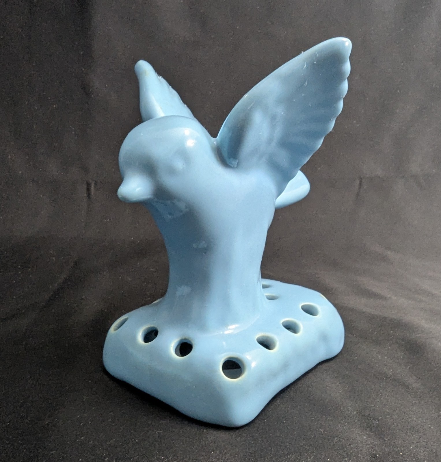 Vtg Camark Art Pottery Blue Shallow Bowl Planter & Bird Flower Frog Set (S4)