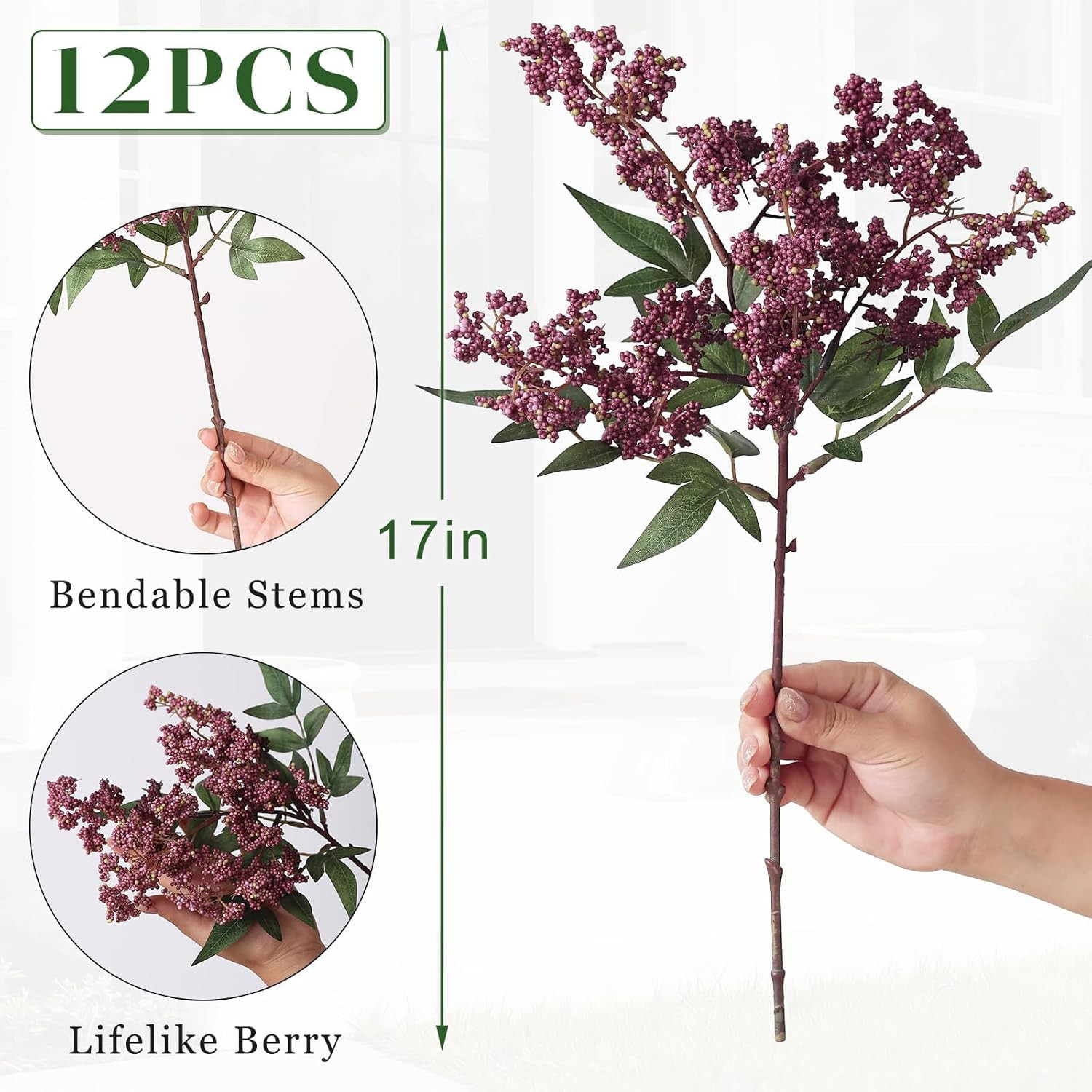 12 Pcs 17″ Artificial Nandina Berry Stem, Faux Berry Spray(Dusty Plum) | DIY Bou
