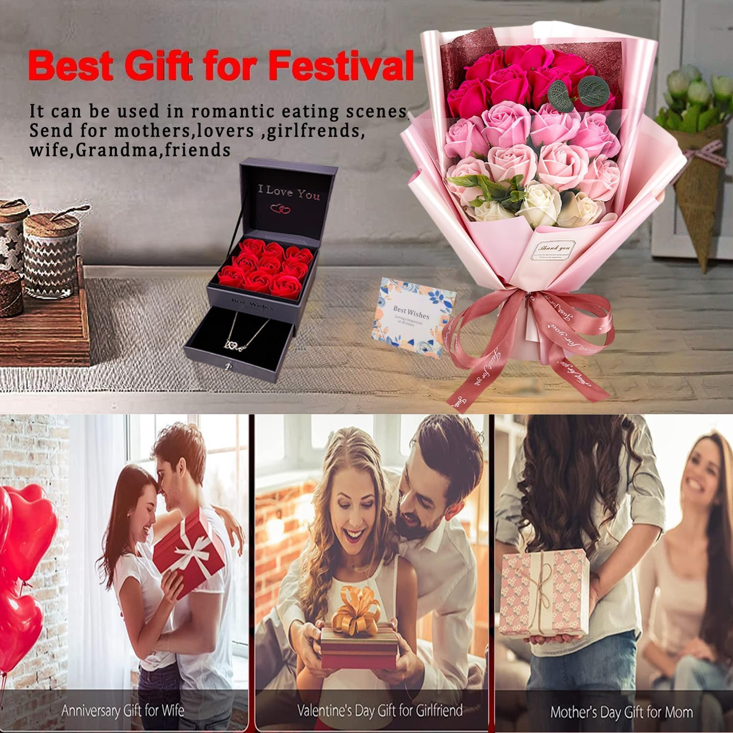 Roses Bouquet Artificial Flower – Preserved Red Flowers with Love Necklace for H