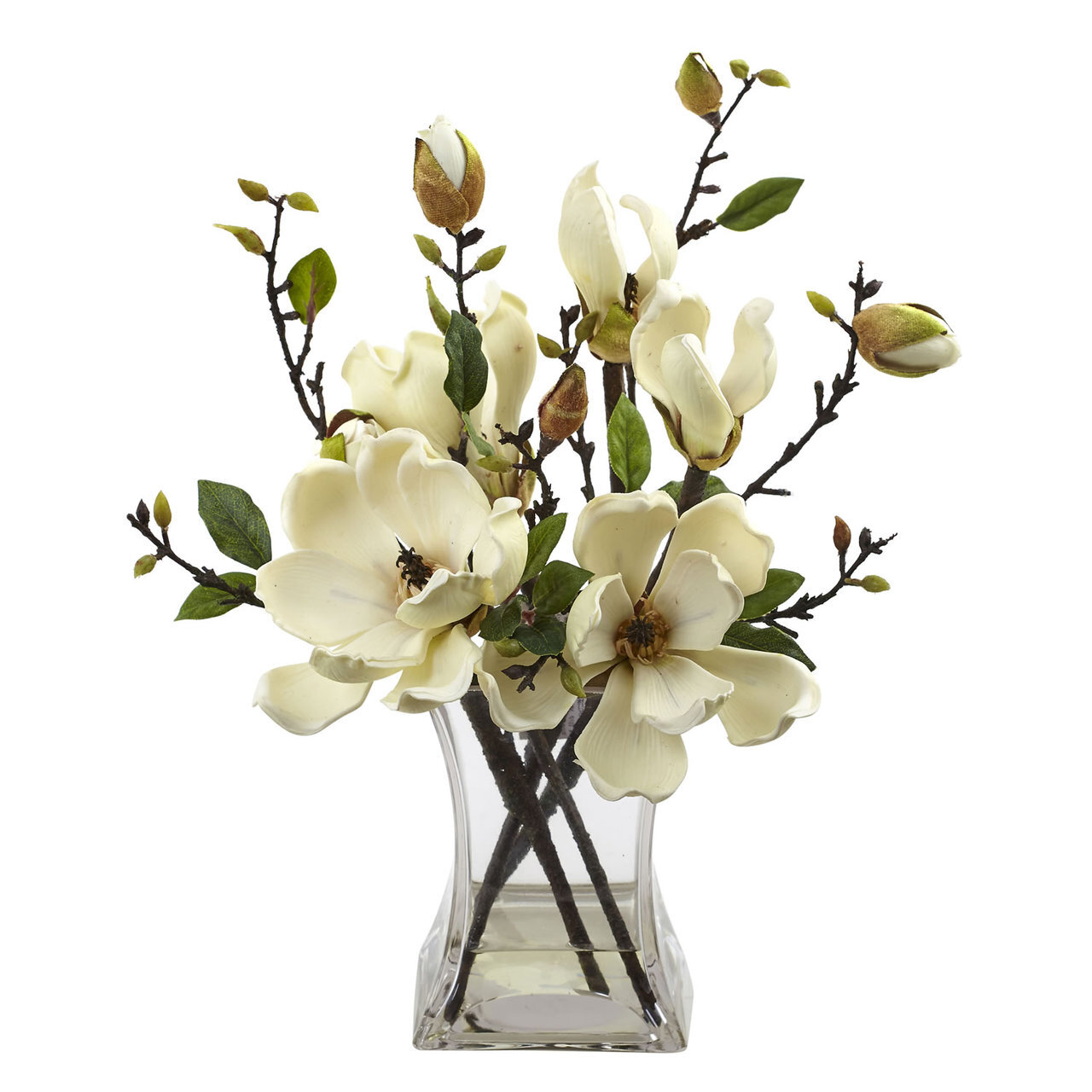15″ ARTIFICIAL SILK WHITE MAGNOLIA FLOWER ARRANGEMENT FAKE w/ VASE