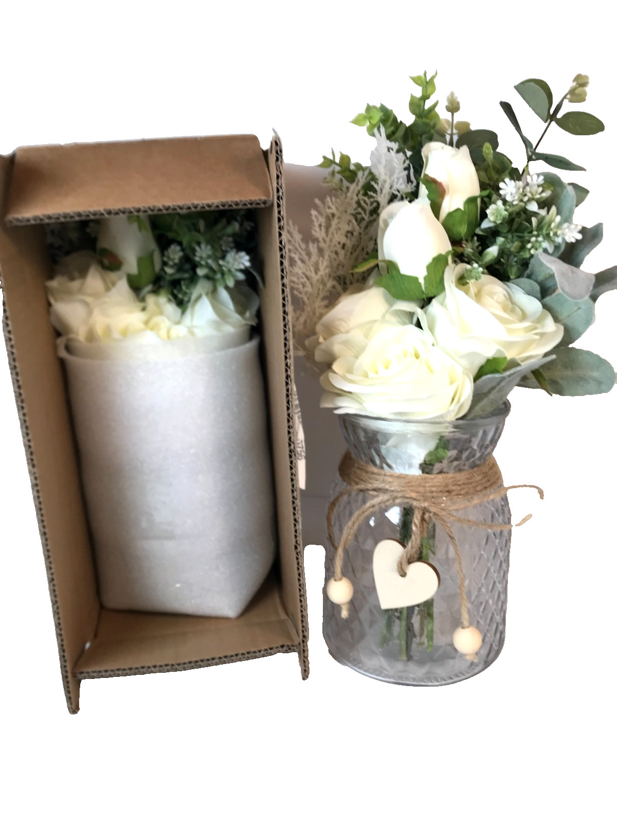 Faux White Silk Rose Flower Arrangement Glass Vase Rustic Decoration 2 Pack