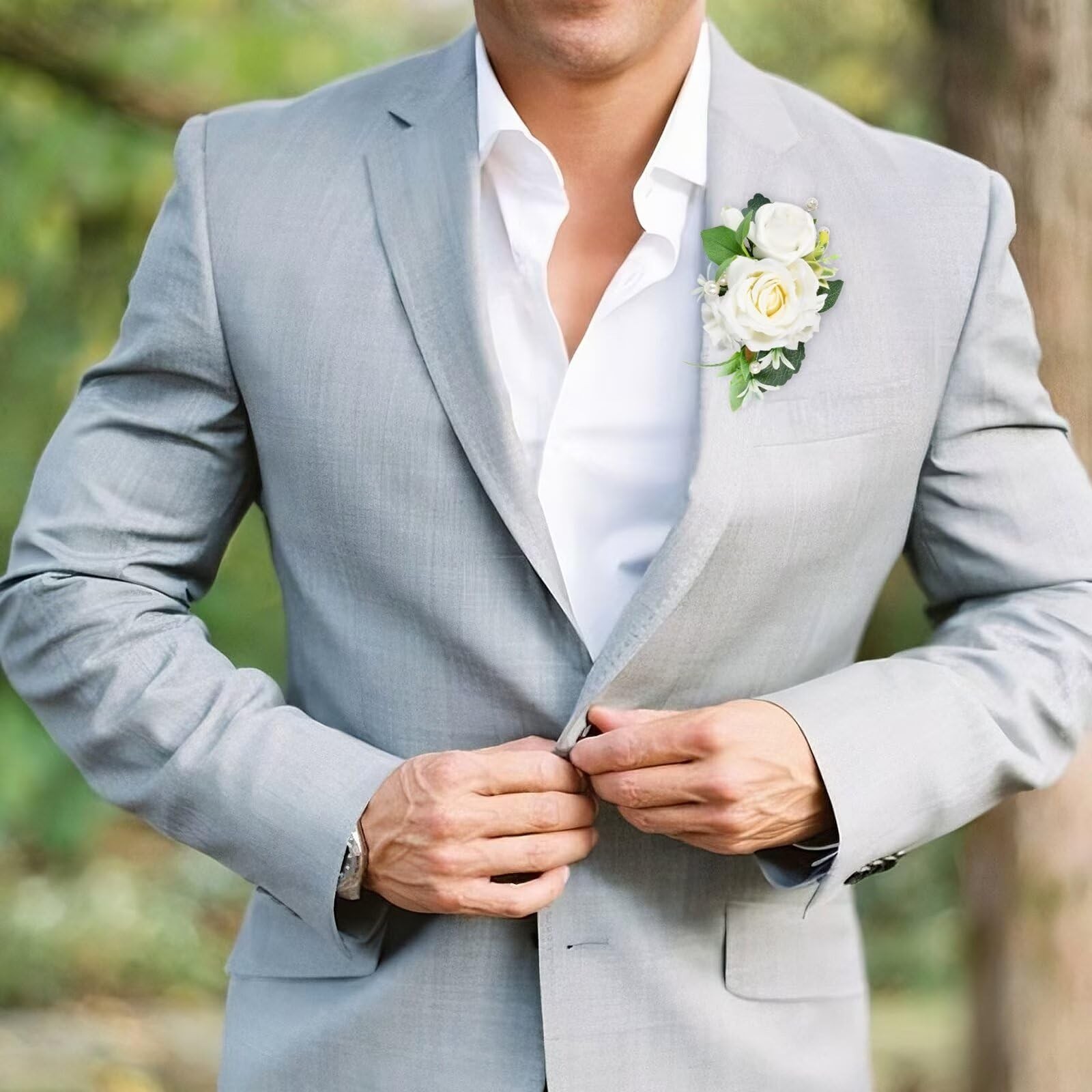 White Artificial Flowers Pocket Square Boutonniere For Groom Wedding