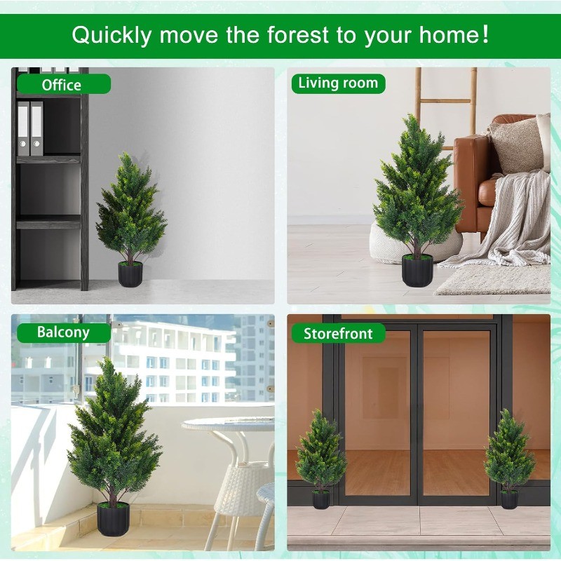 2PCS 2.3/3/4FT Artificial Cedar Topiary Trees, Fake UV Resistant Potted Plants