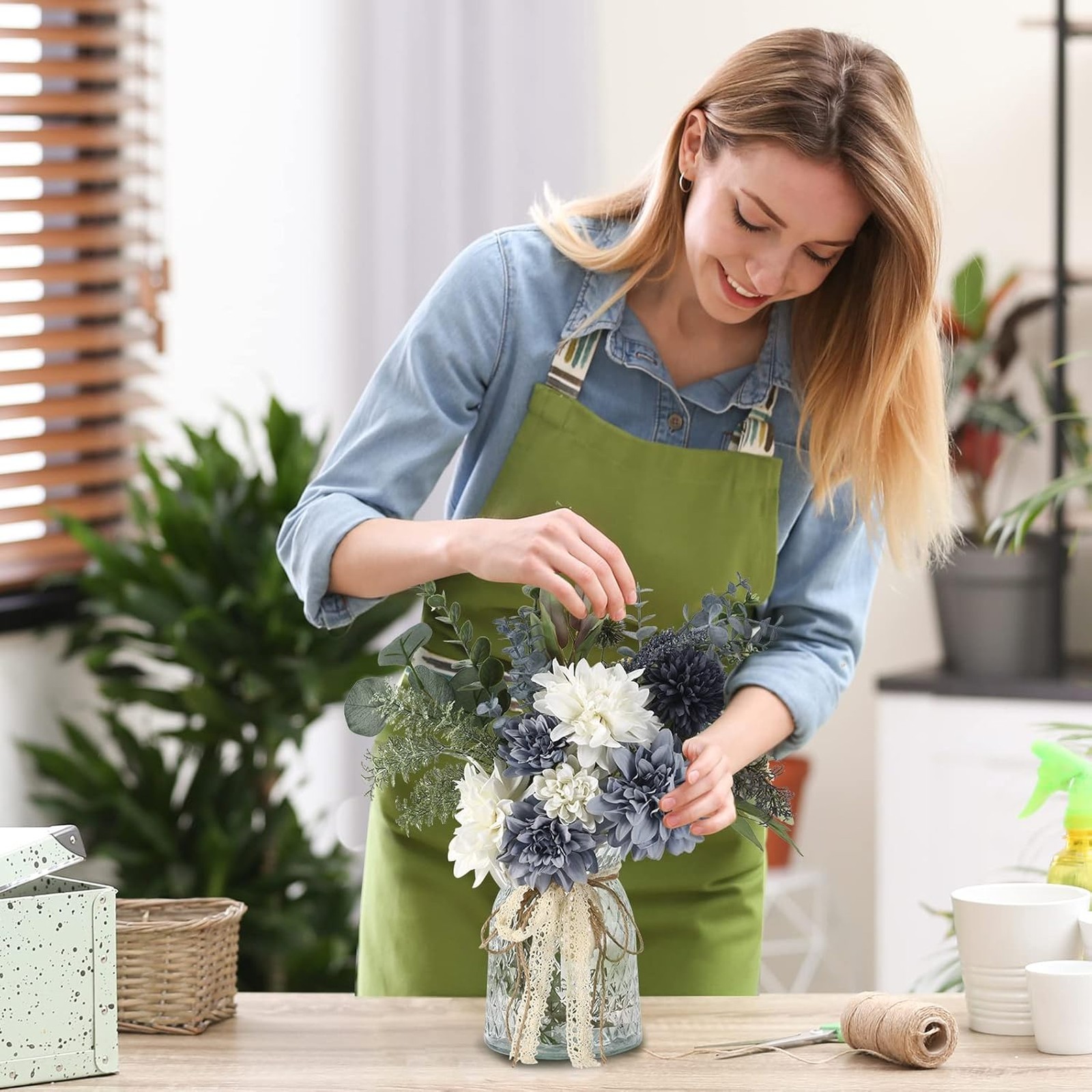 Artificial flowers in vase, farmhouse centerpiece, white gray-blue floral