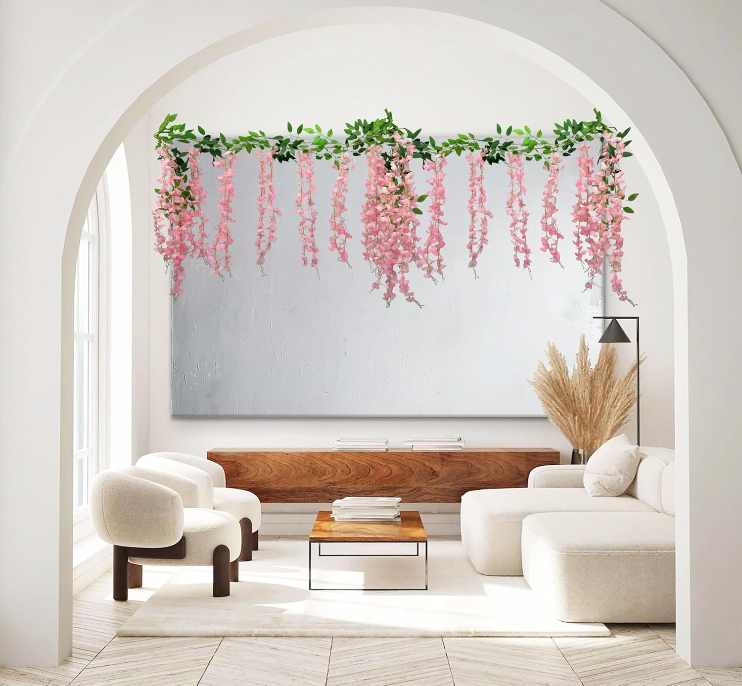 2 Pcs Wisteria Hanging Flowers Pink Artificial Wisteria Vines Hanging Flower Vin
