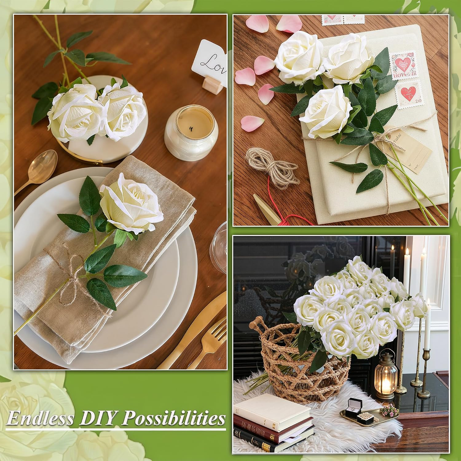 50 PCS Ivory Roses Artificial Flowers, Fake Roses with Stem Realistic Silk Roses