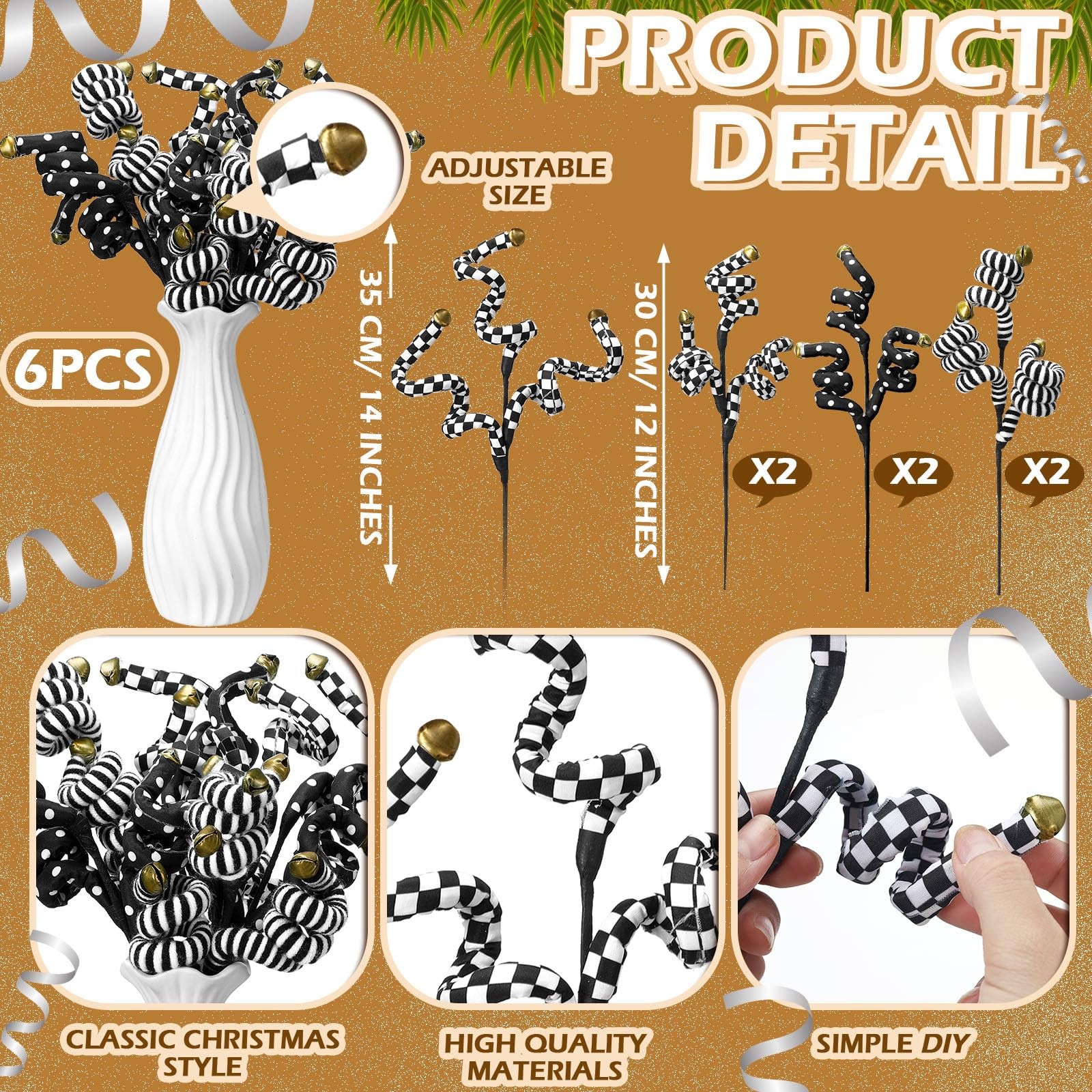 6 PCS Black, White Christmas Picks, Woolen Bells, Curly Branches, Ornament