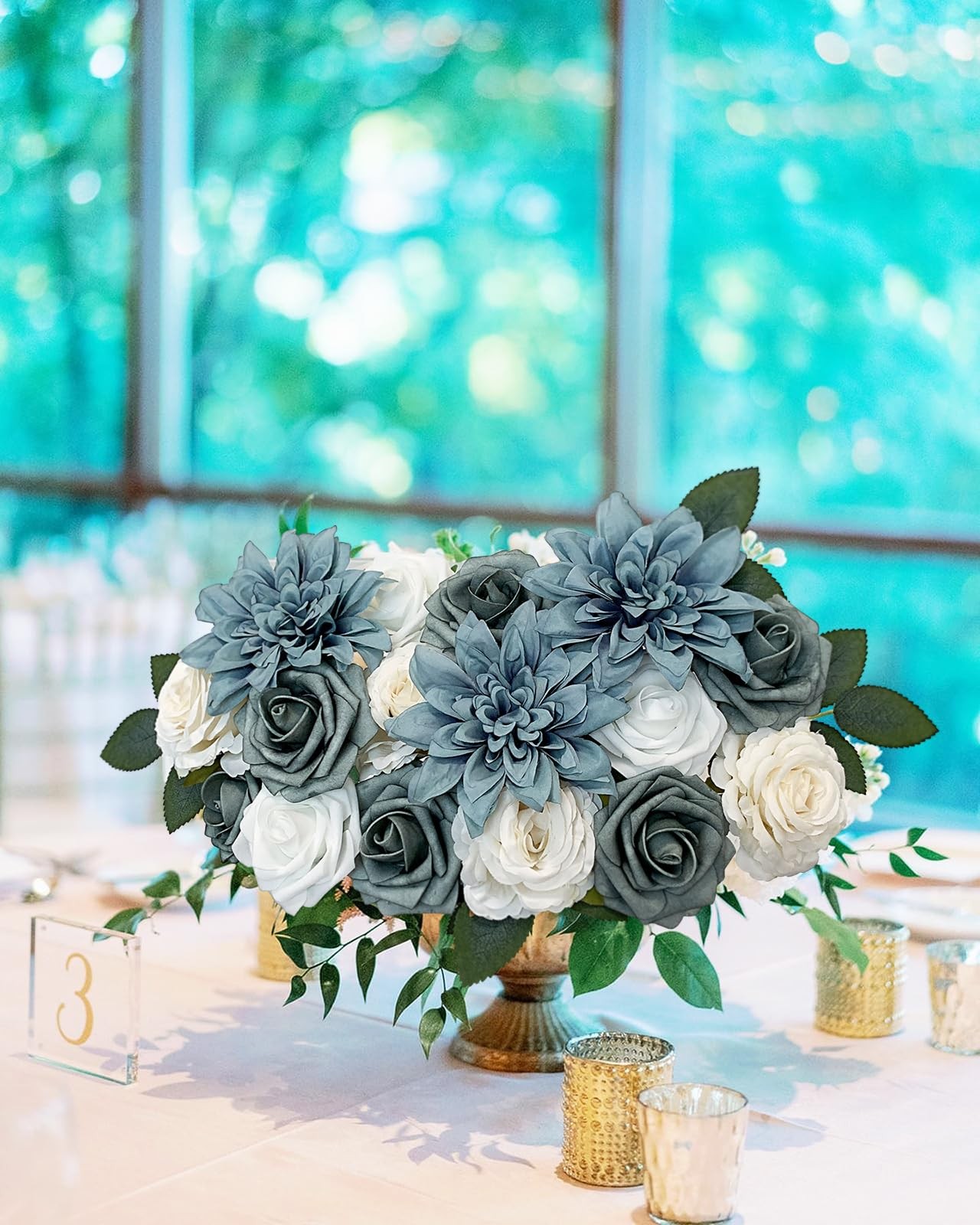 Roses Artificial Flowers, Dusty Blue, Silk, Wedding Bouquets, Centerpiece