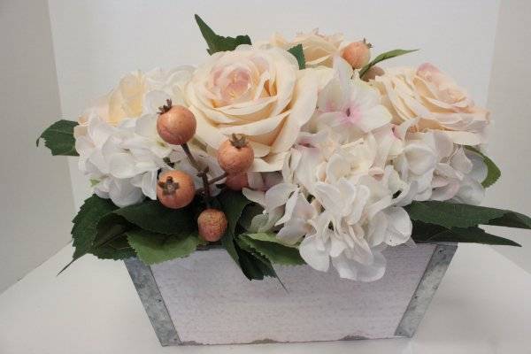 Shabby Cottage Chic Rose Flower Arrangement Silk Roses Hydrangea Flower Box