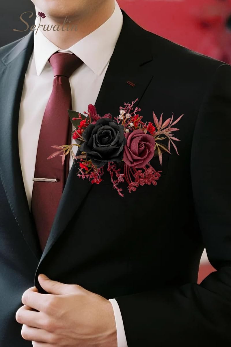 2 PCS Black Burgundy Wrist Corsage Boutonniere Set 67 Inch Wedding Prom Suit