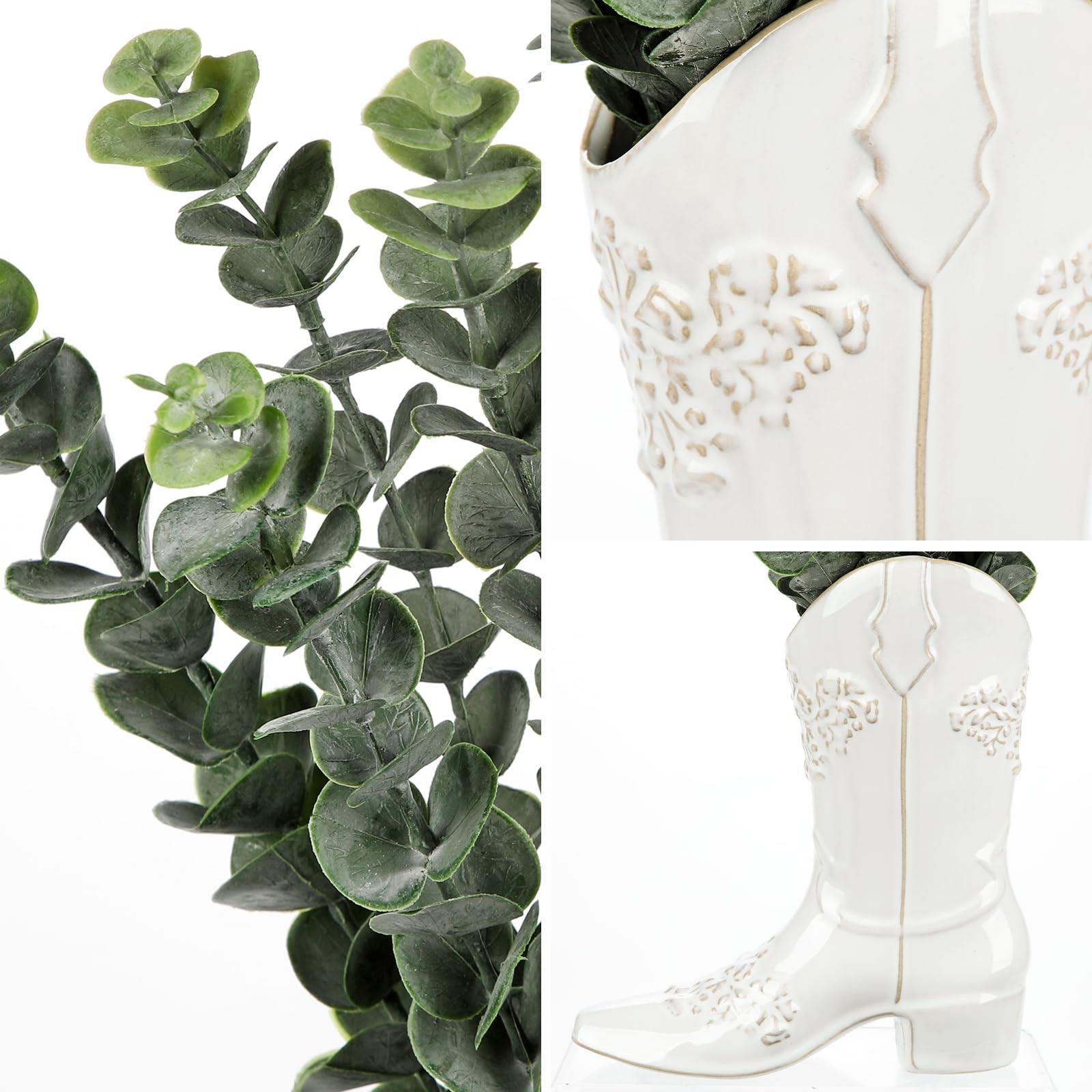 Artificial Eucalyptus Plant in Ceramic Cowboy Boot Vase Faux Greenery Potted …