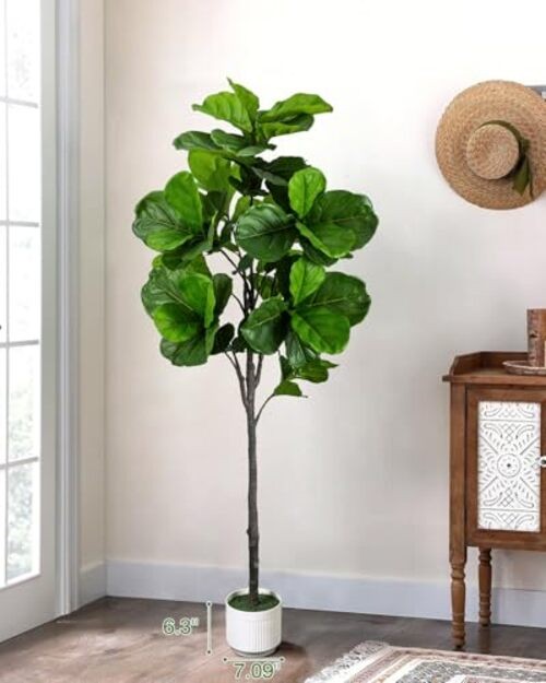 Artificial Fiddle Leaf Fig Tree 6FT – Large Fake Tree with White 6ft Green