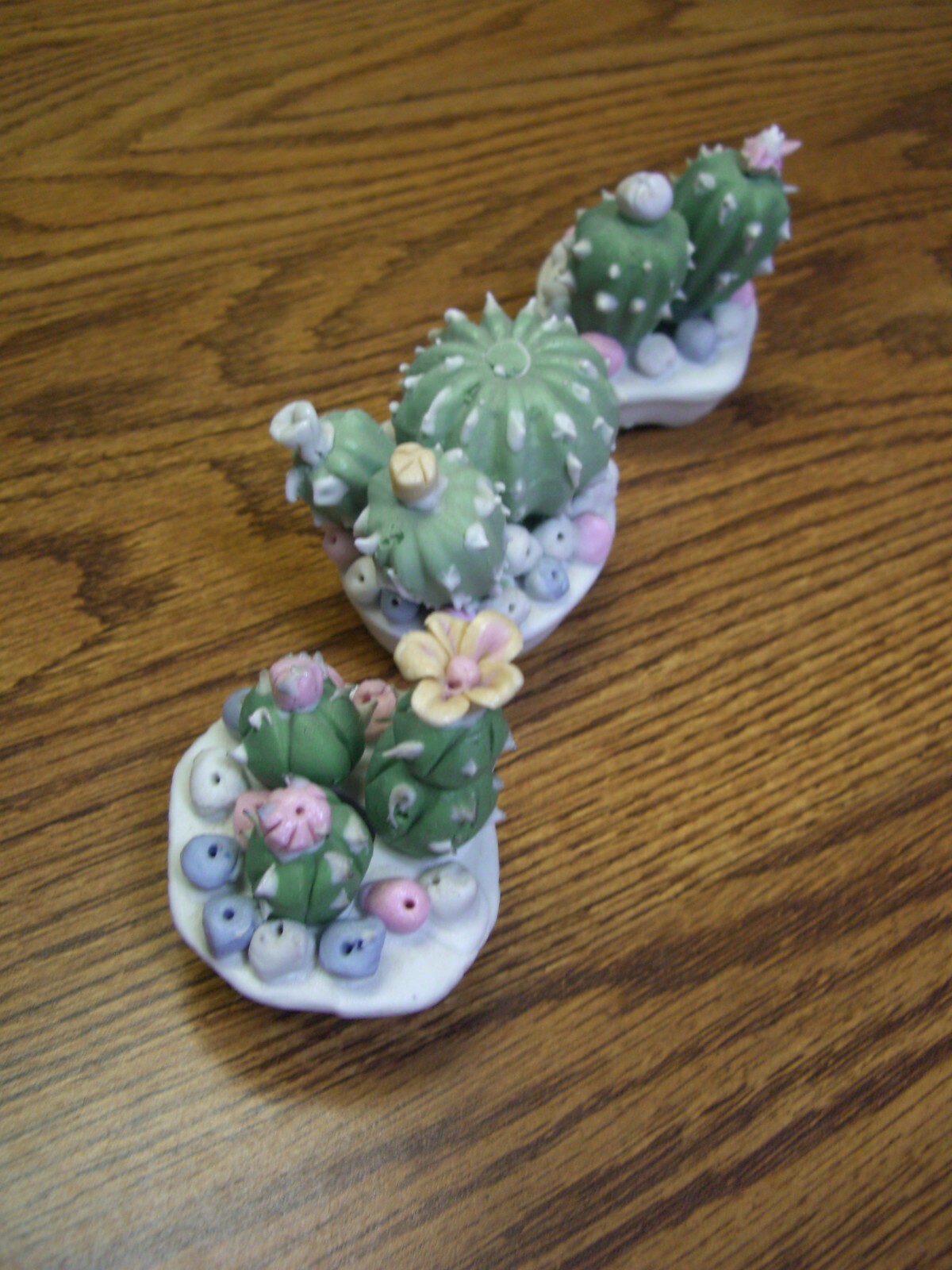 3 Cactus Plants//Small Multi-color Pastel Ceramic Floral Figurines