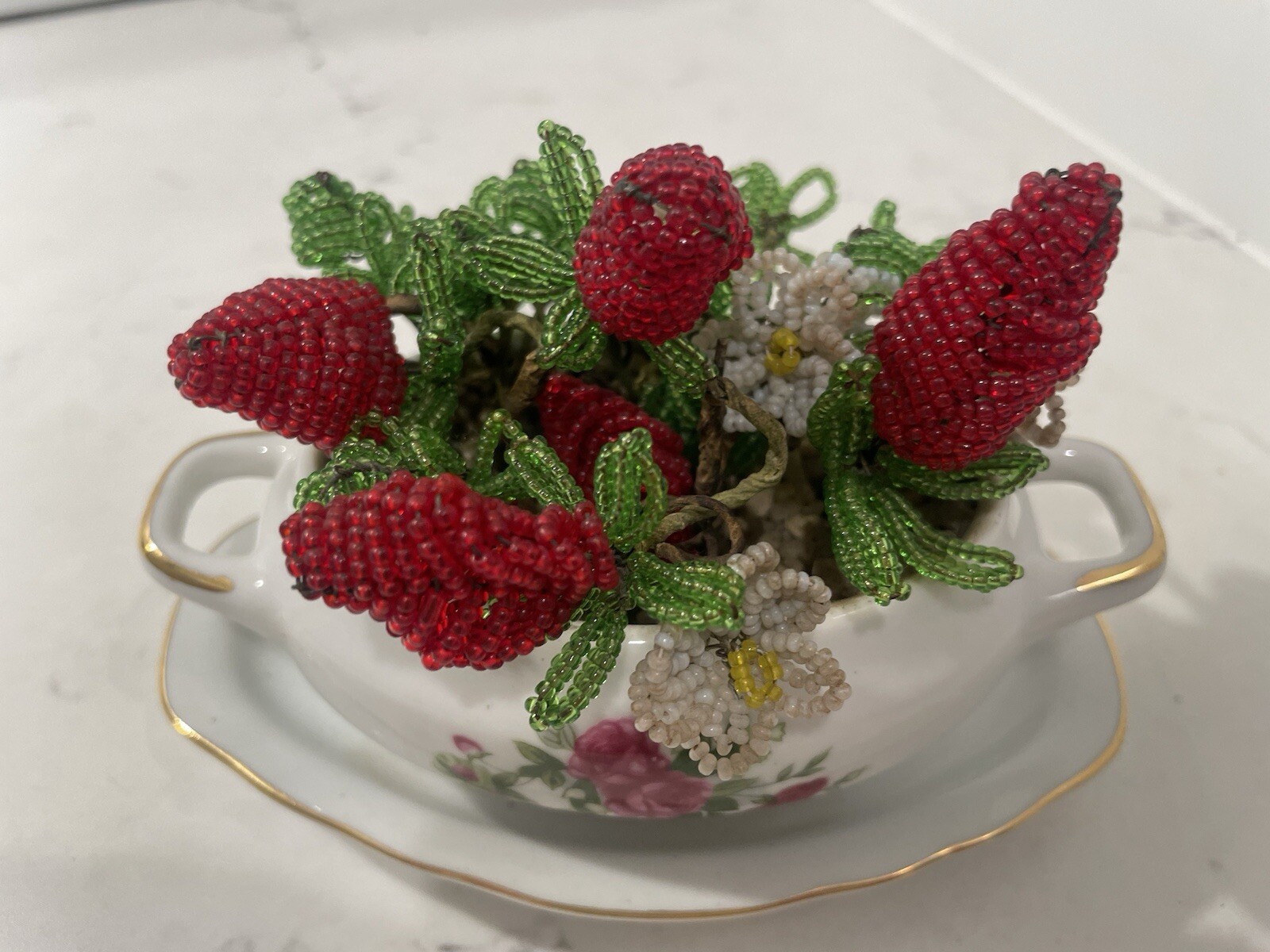 Vintage Seed Bead Arrangement In Royal Crown Mustard Porcelain Dish