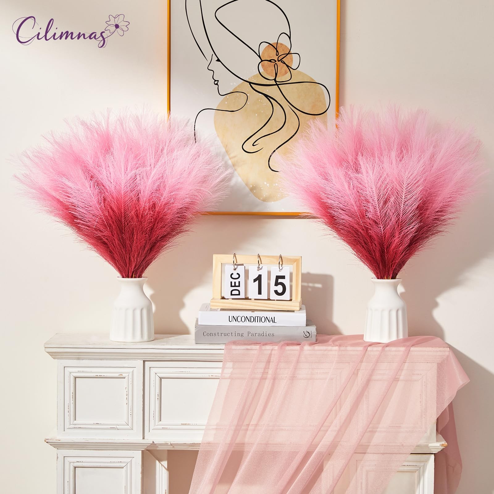17.7″ Gradient Red Artificial Fluffy Faux Pampas Grass Home Decor 50 PCS