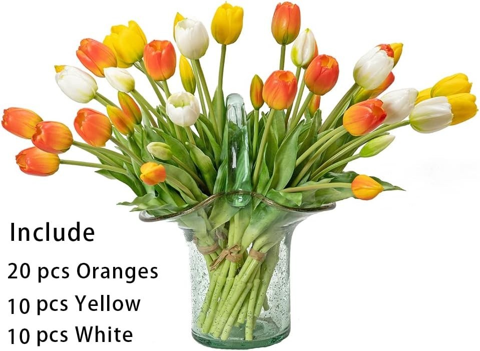 40pc Artificial Tulips Bouquet – Real Touch Rubber, Bendable Stems, Vibrant C…