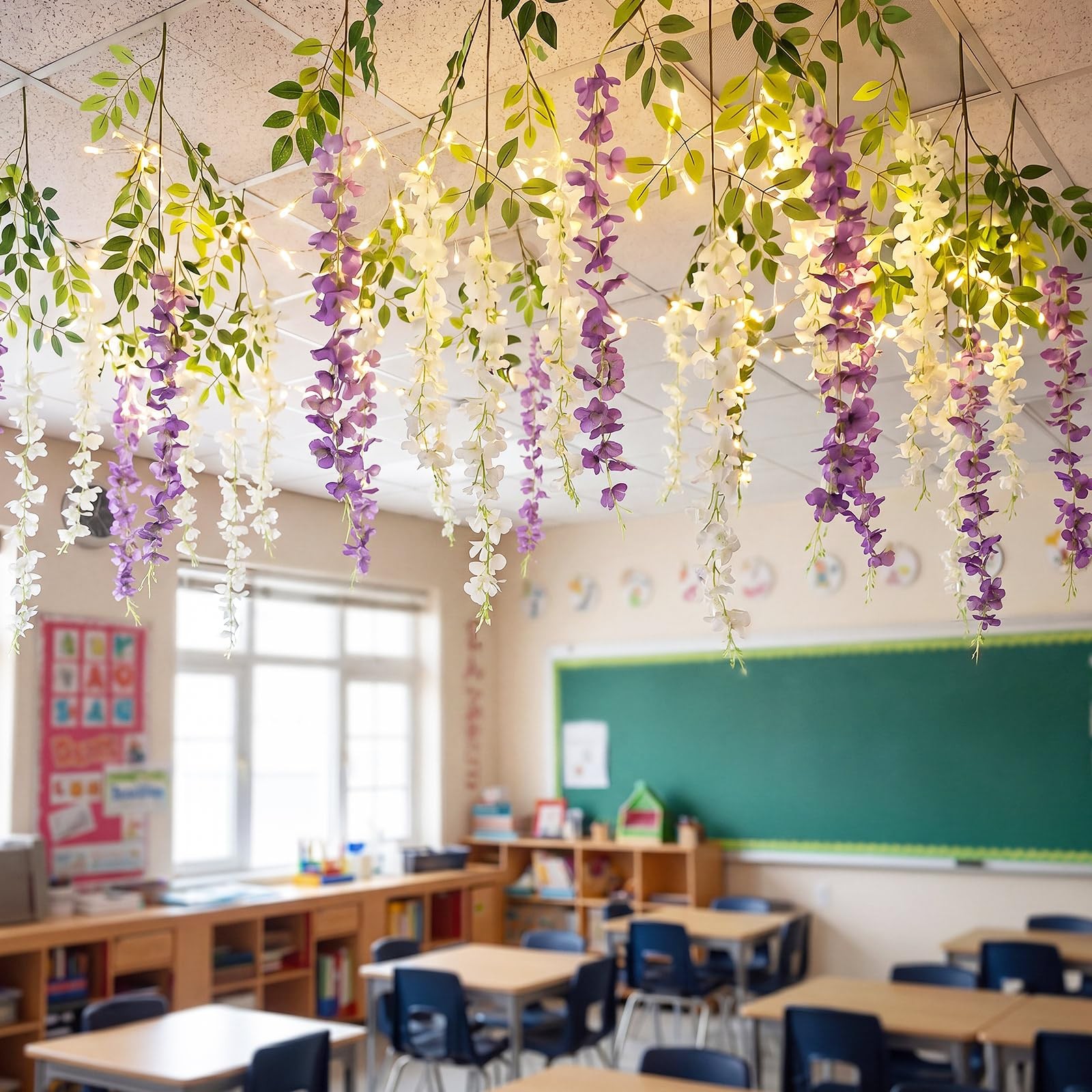 16 Pcs Back to Hanging Decorations, 43″ Wisteria Hanging Flowers for Classroo…
