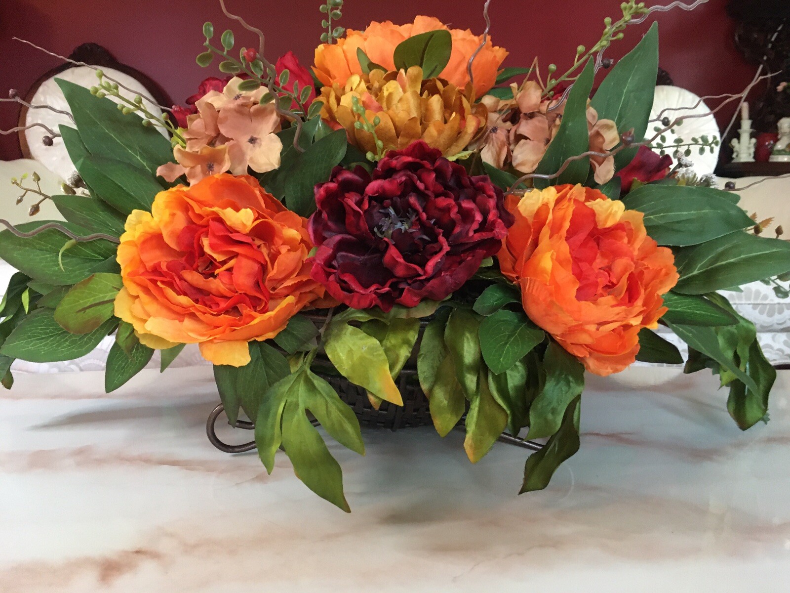 Year Round Floral Arrangement Burgundy And Orange Centerpiece Fall Centerpiece