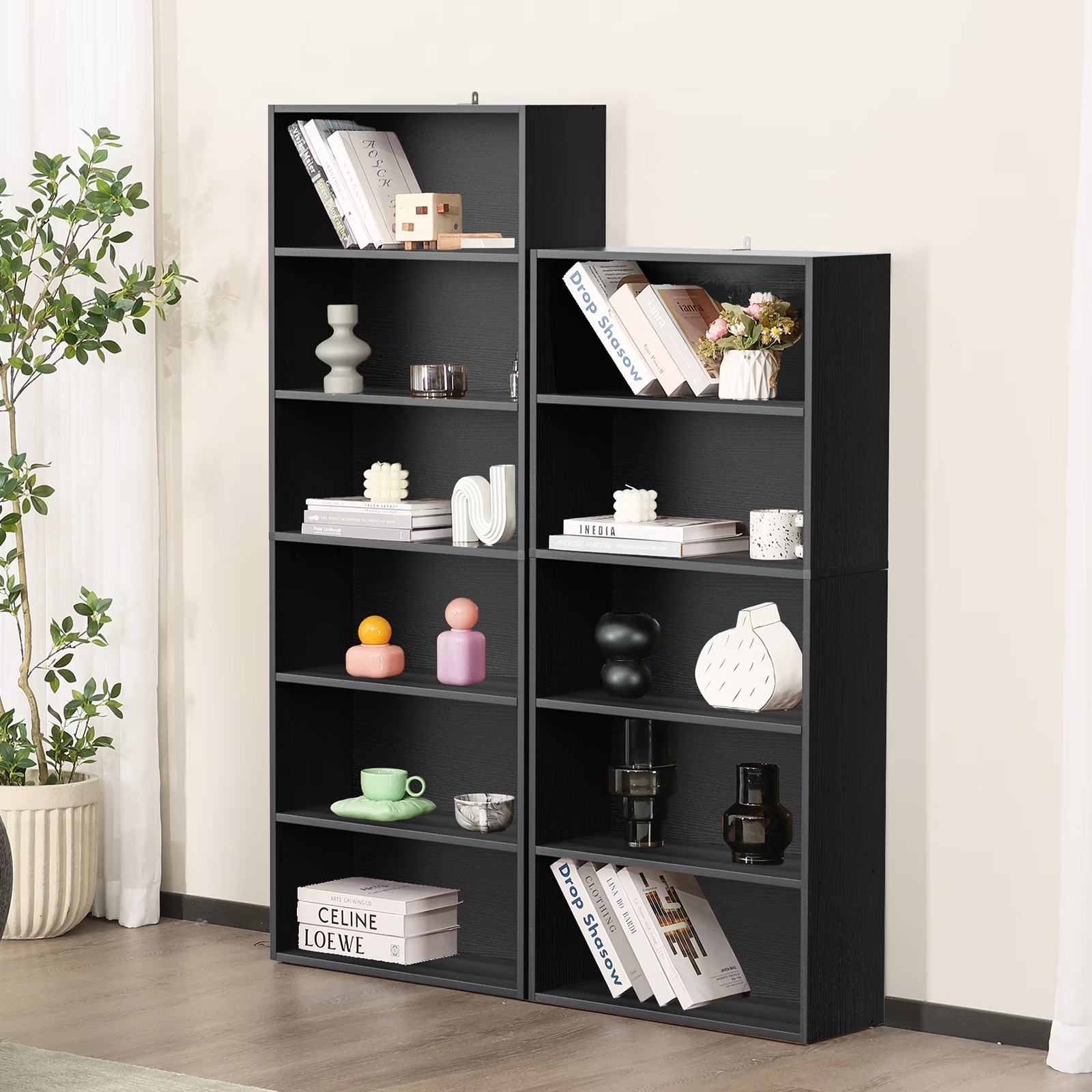 GIANNA 6-Shelf Bookcase, Floor Standing Storage Shelves, Black