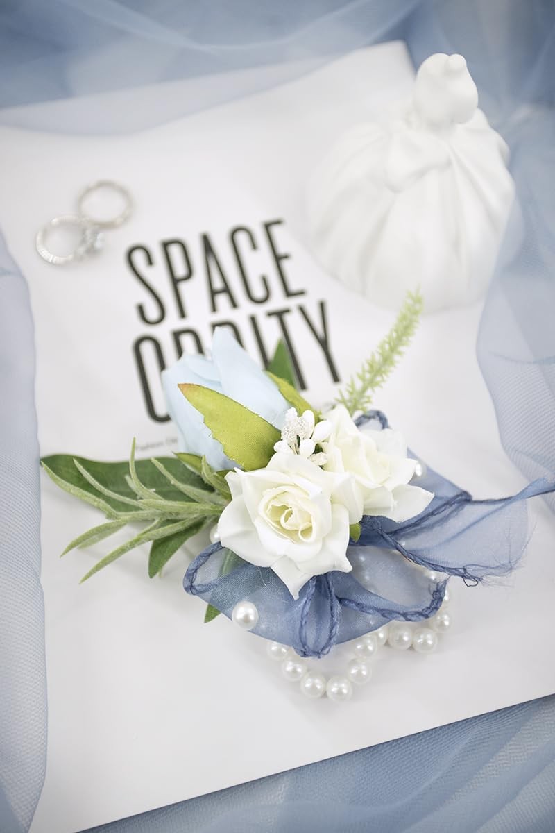 Light Blue Corsage Boutonniere Set Wedding Prom Artificial Rose Men Suit