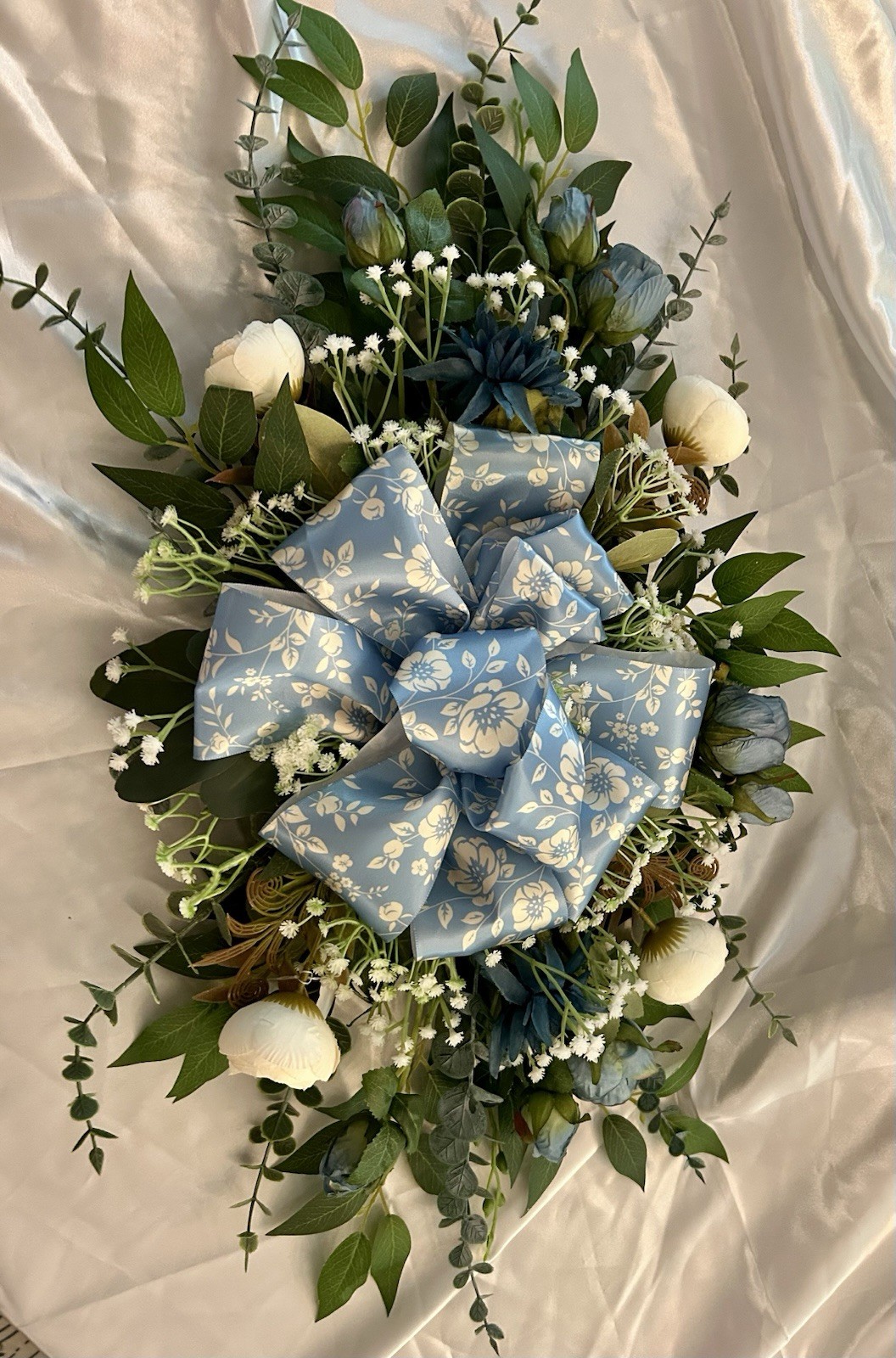 Handcrafted Floral Swag With Blue Ribbon, 26″