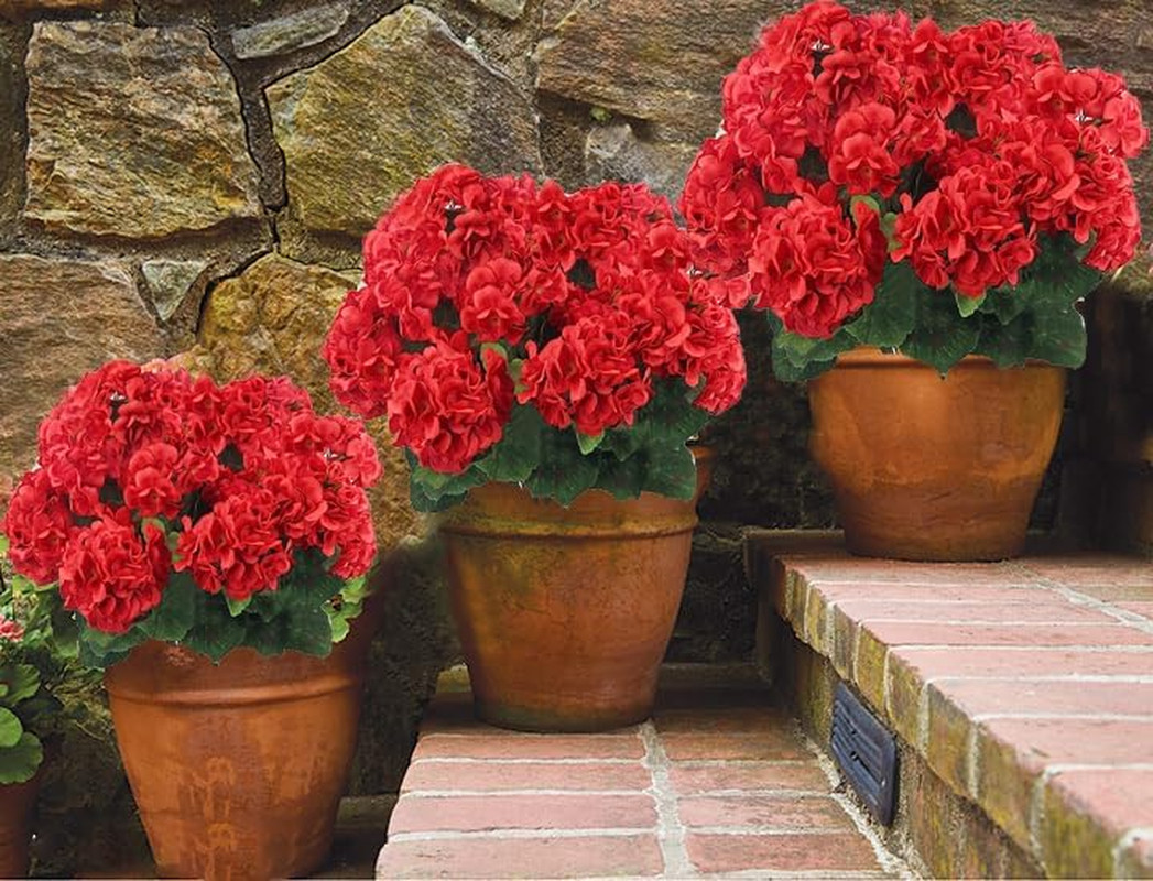 4PCS Artificial Red Geranium Silk Flowers Outdoor Plant Bush Faux Flowers