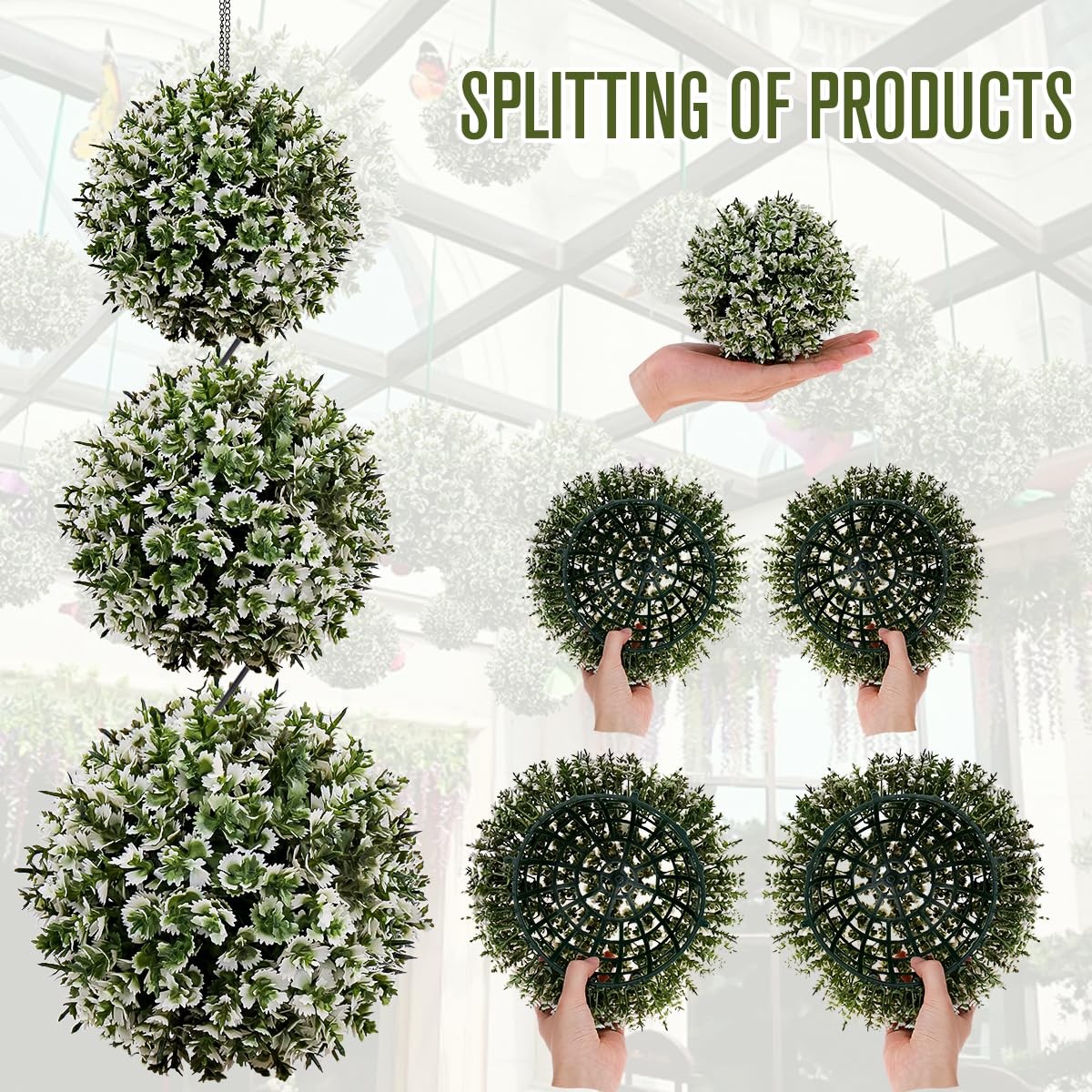 3 Pcs Artificial Boxwood Topiary Set – Mixed Size (9″, 7″, 4.7″) White-Edged …