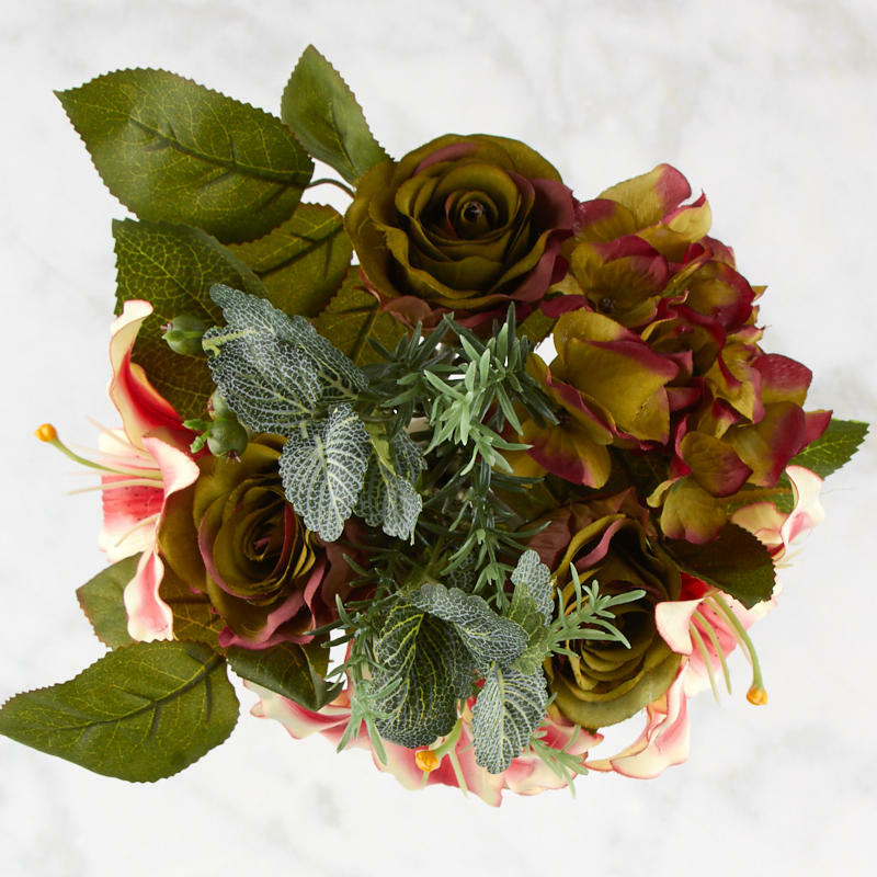 Poly Silk Mixed Rose, Hydrangea, Lily Bundle in Hues of Burgundy and Green