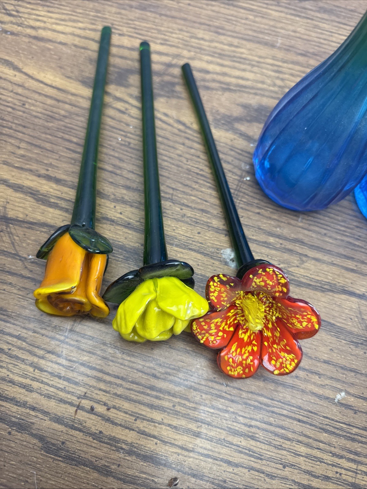 Vintage Art Glass Flower Stems & Blue Green Bud Vases Lot – Hand Blown Decor
