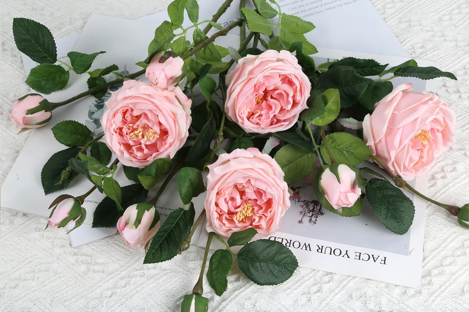 Real Touch Pink Austin Roses Peonies Artificial Flowers 4 Bouquets Latex Fake…
