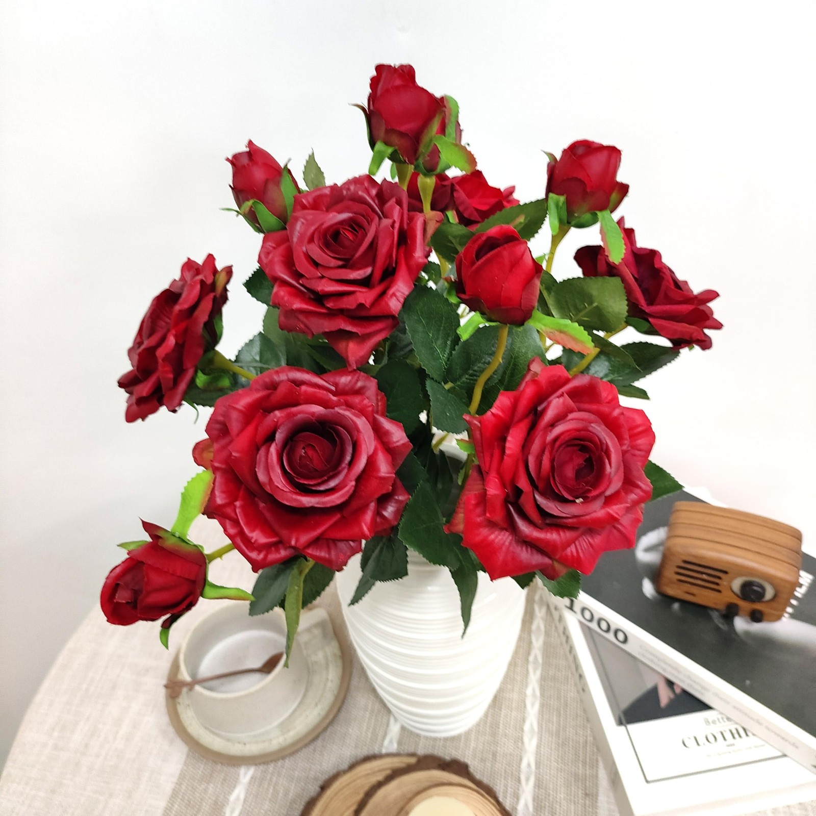 6 PCS Fake Red Roses Faux Silk Real Touch Artificial Floral Centerpiece