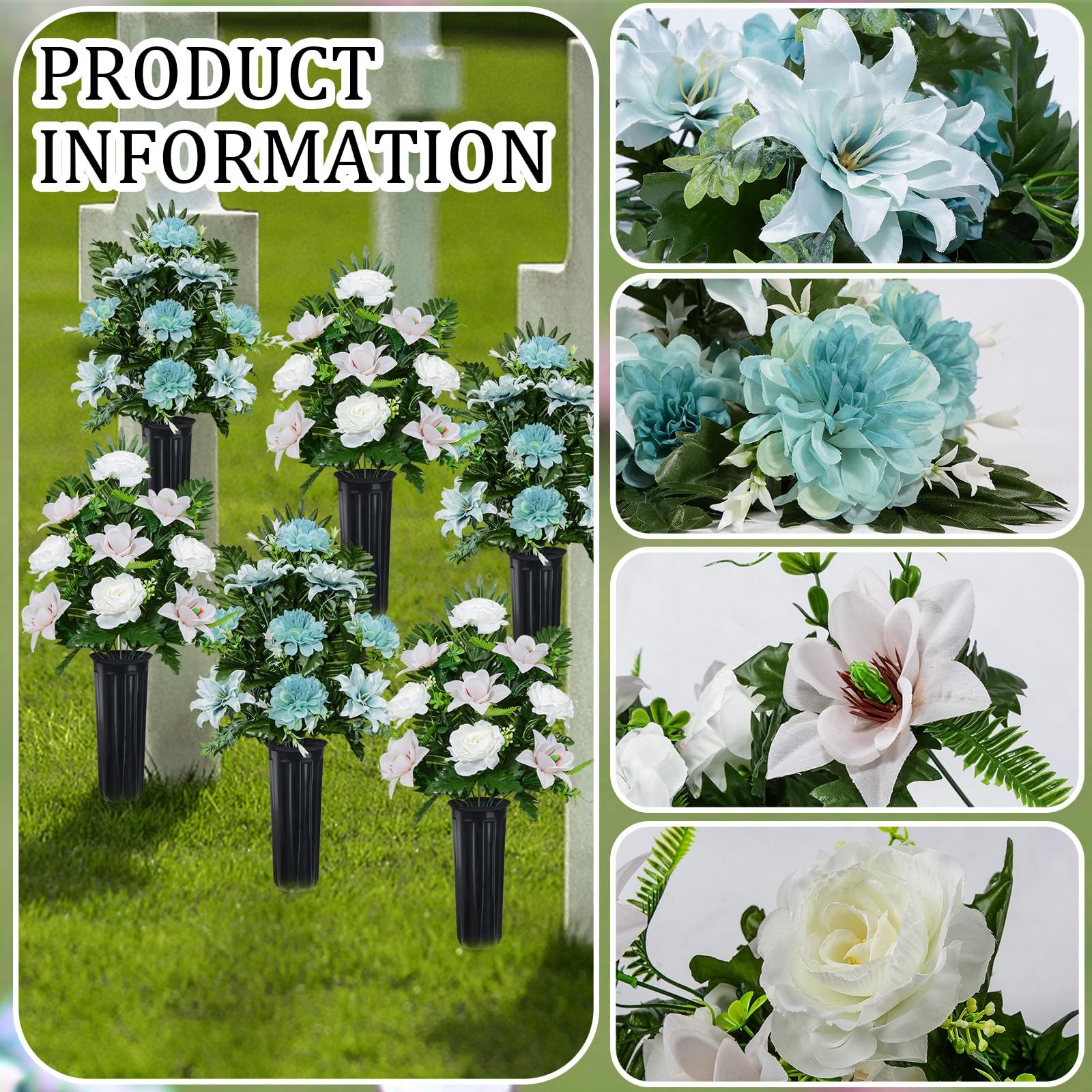 4 Sets 9-Head Blue White Artificial Cemetery Flowers with Vase for Graveside
