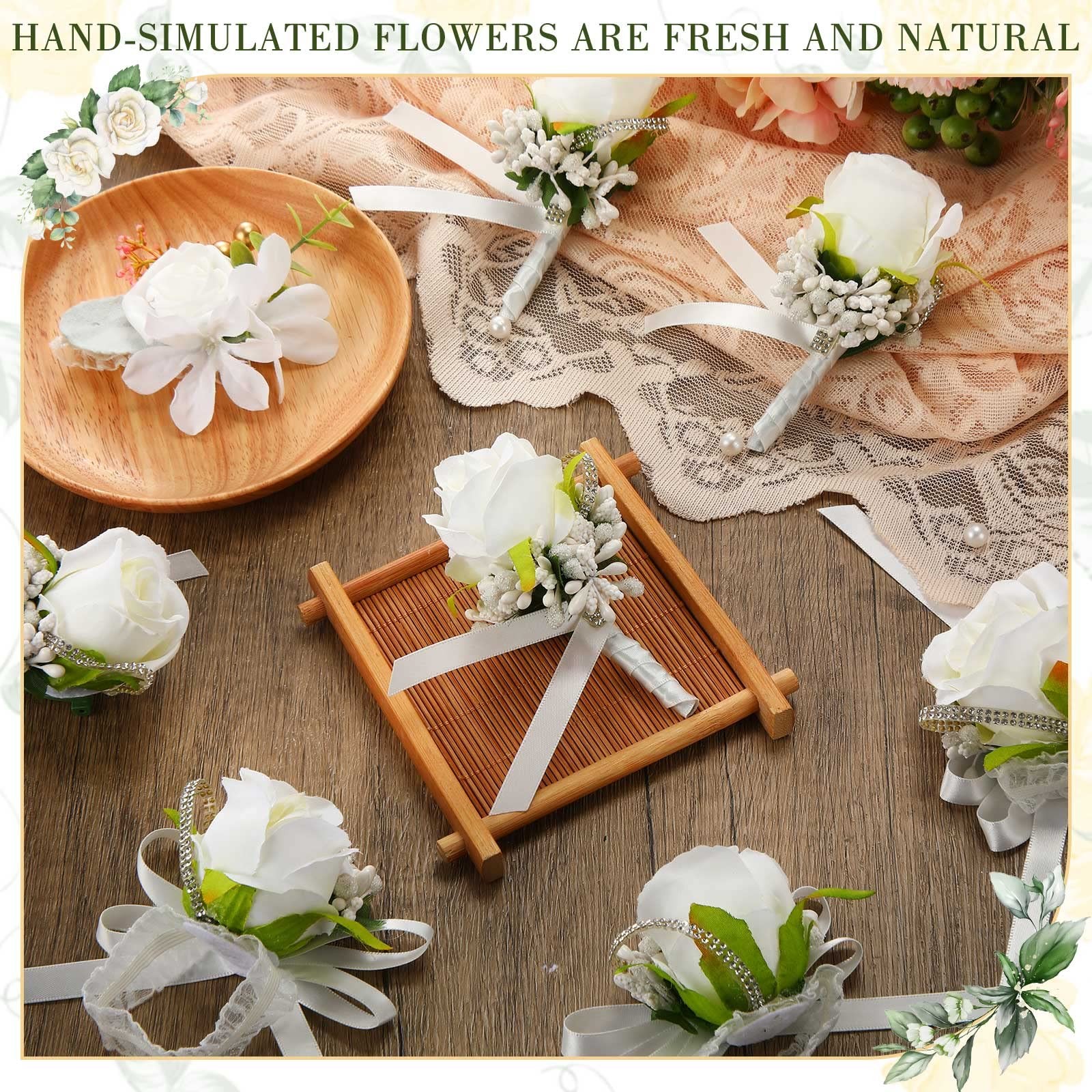 12 Pcs White Rose Corsage, Boutonniere Set, 6 Wristlet, 6 Mens, Wedding