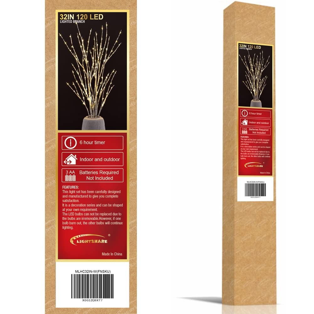 Lighted 32IN Artificial Twig Birch Tree Branch with 120 Fairy LED Lights Batt…
