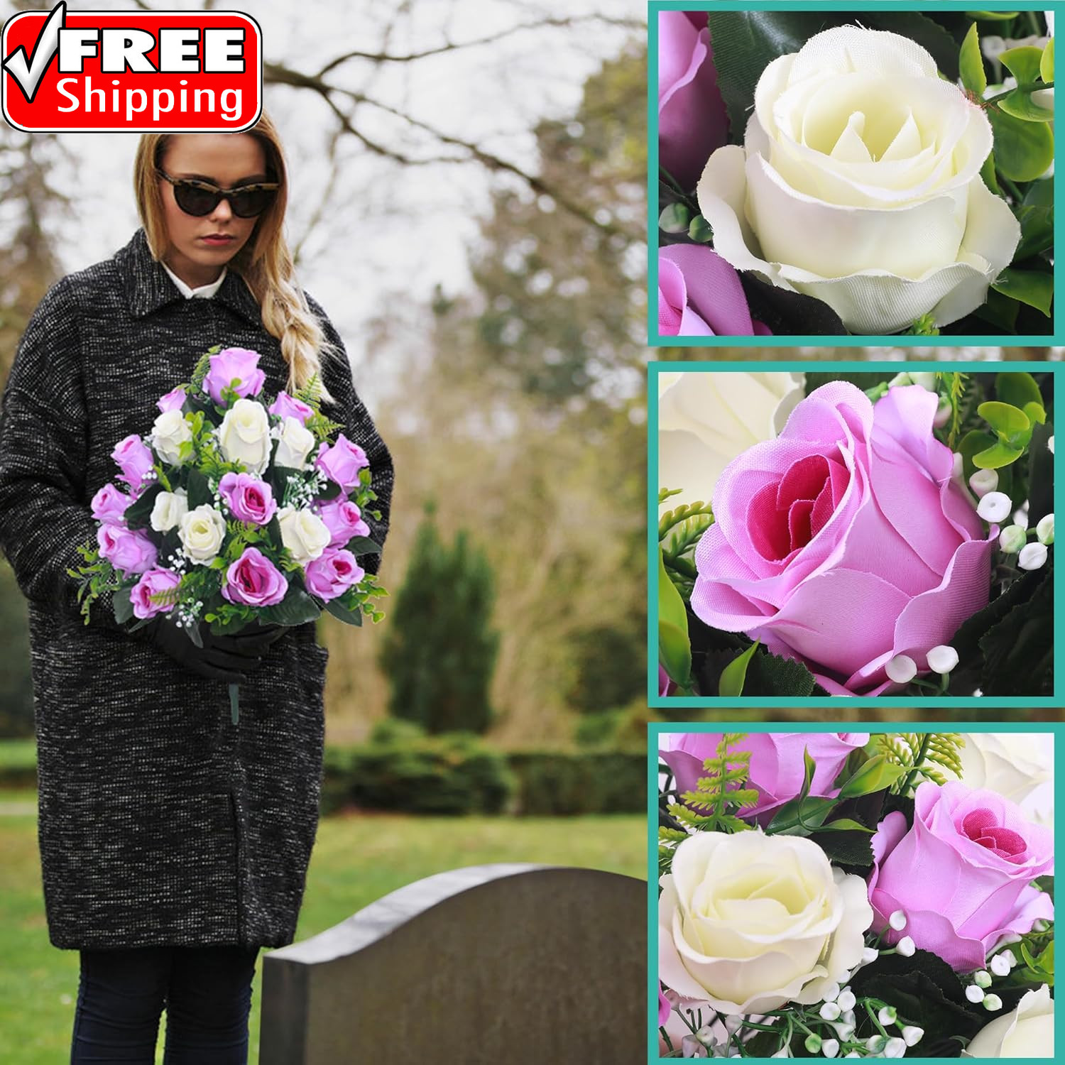 Artificial Cemetery Flowers,Set of 2 Grave Decorations Roses, Tombstone Memorial
