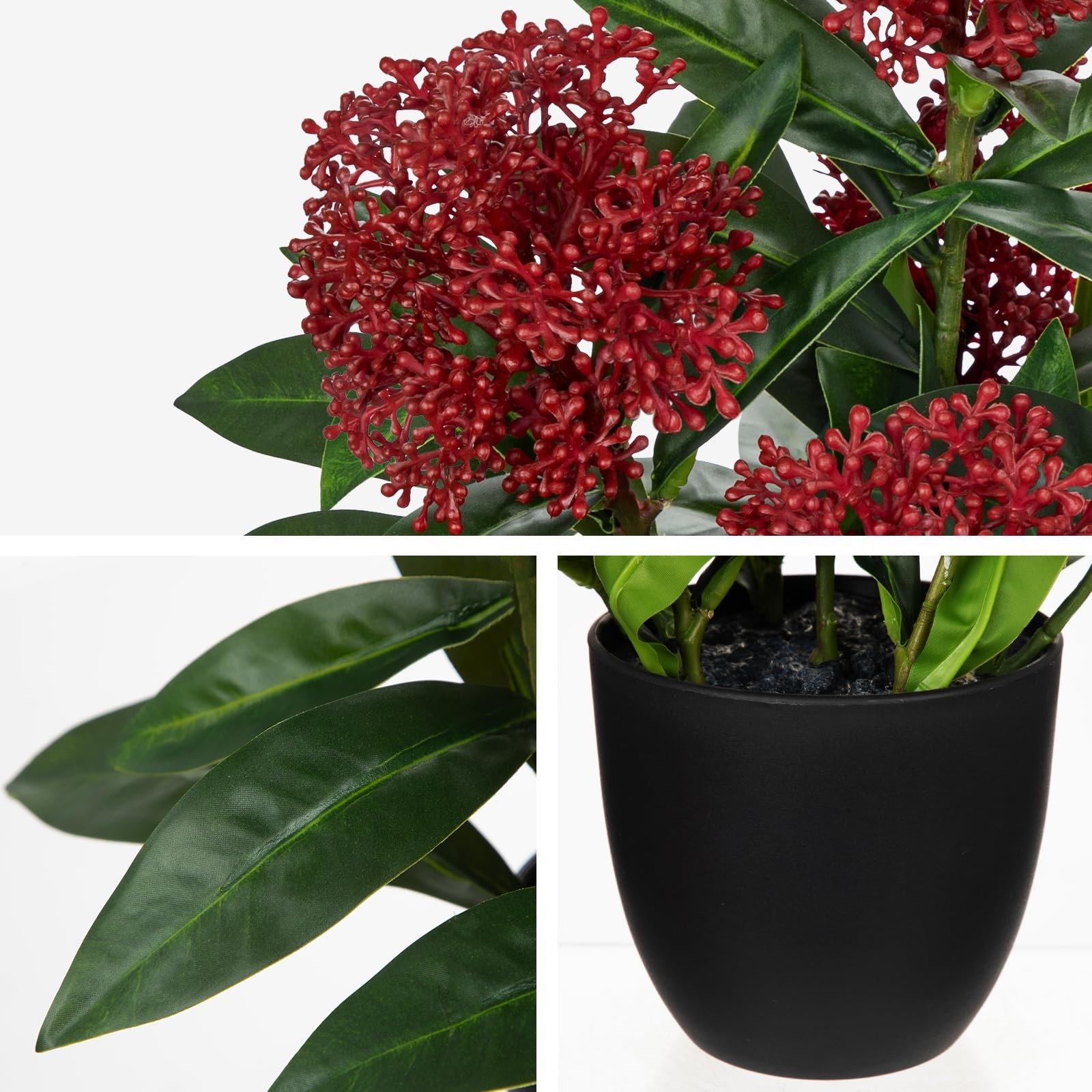 Red Artificial Potted Flowers 14.2 Inch Faux Skimmia Japonica Silk Floral