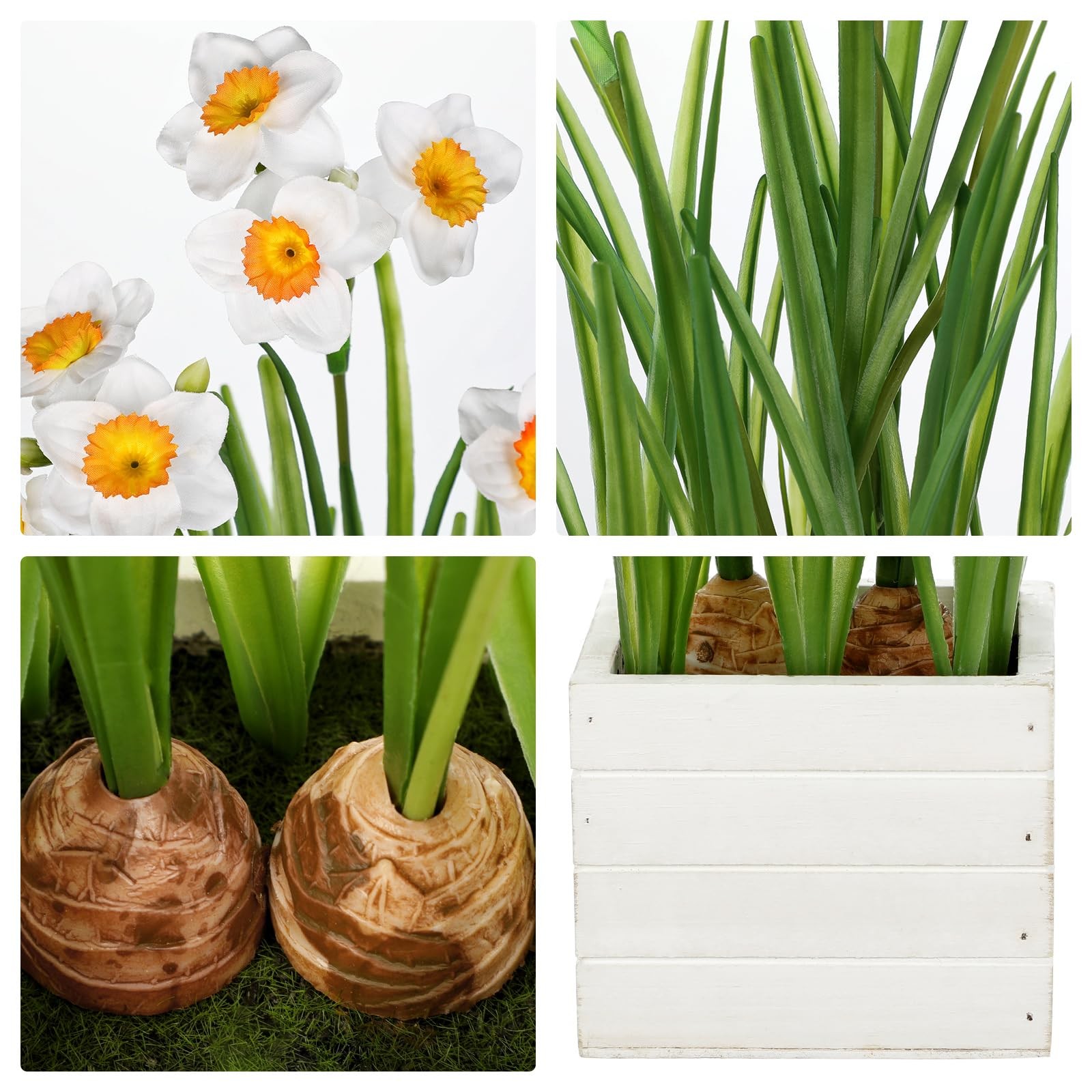 White Daffodils Artificial Flowers In Wood Planter Pot, 15.7″ Fake Potted Daf…