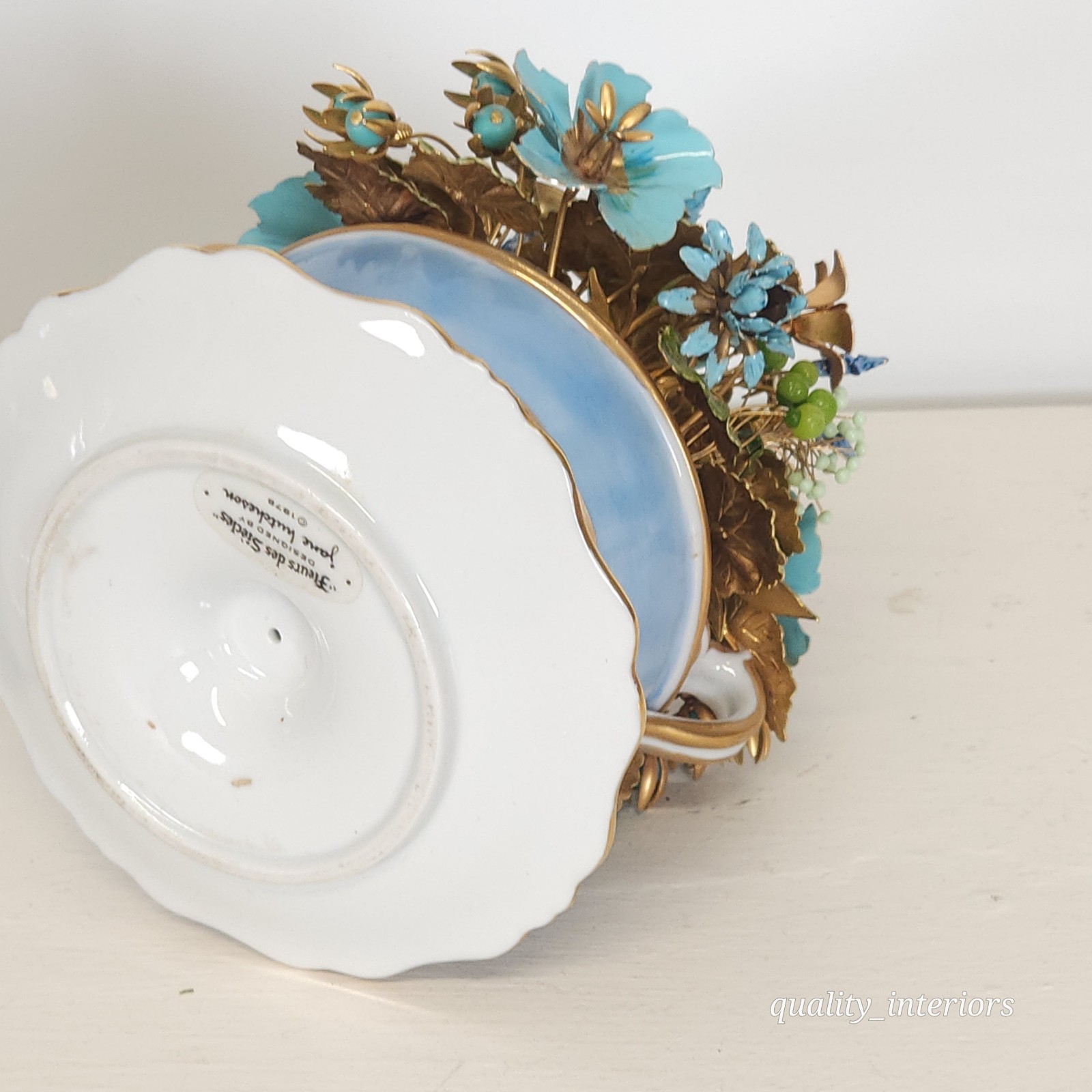Pair Jane Hutcheson for Gorham Blue 2 Handled Teacup & Saucer Floral Arrangement