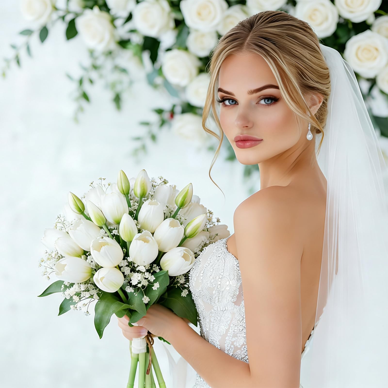 15 PCS White Artificial Flowers Tulips Real Touch Latex Soft Faux Bouquets