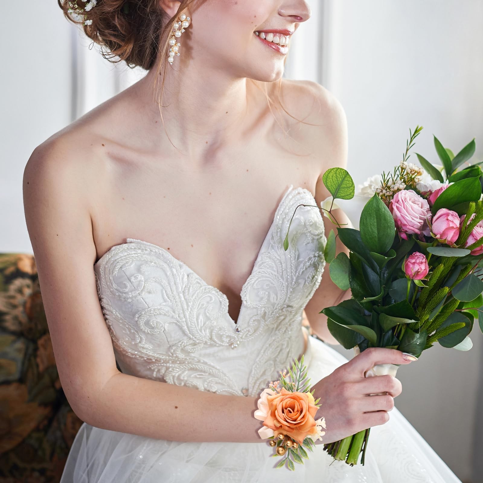 2 PCS Rose Wrist Corsage Boutonniere Set Wedding Artificial Flowers Orange