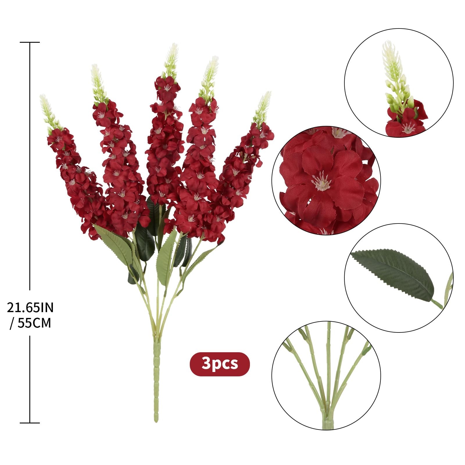 3PCS Artificial Delphinium Flowers Faux Snapdragon 21.65” Fake Hyacinth Red S…