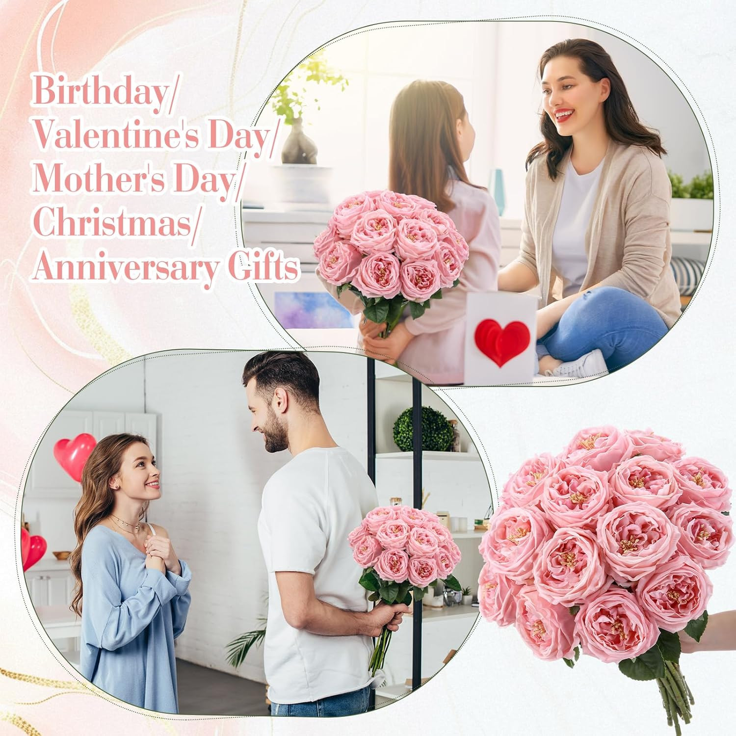20 Pcs Lifelike Pink Peonies & Austin Roses for Home Decor & Weddings