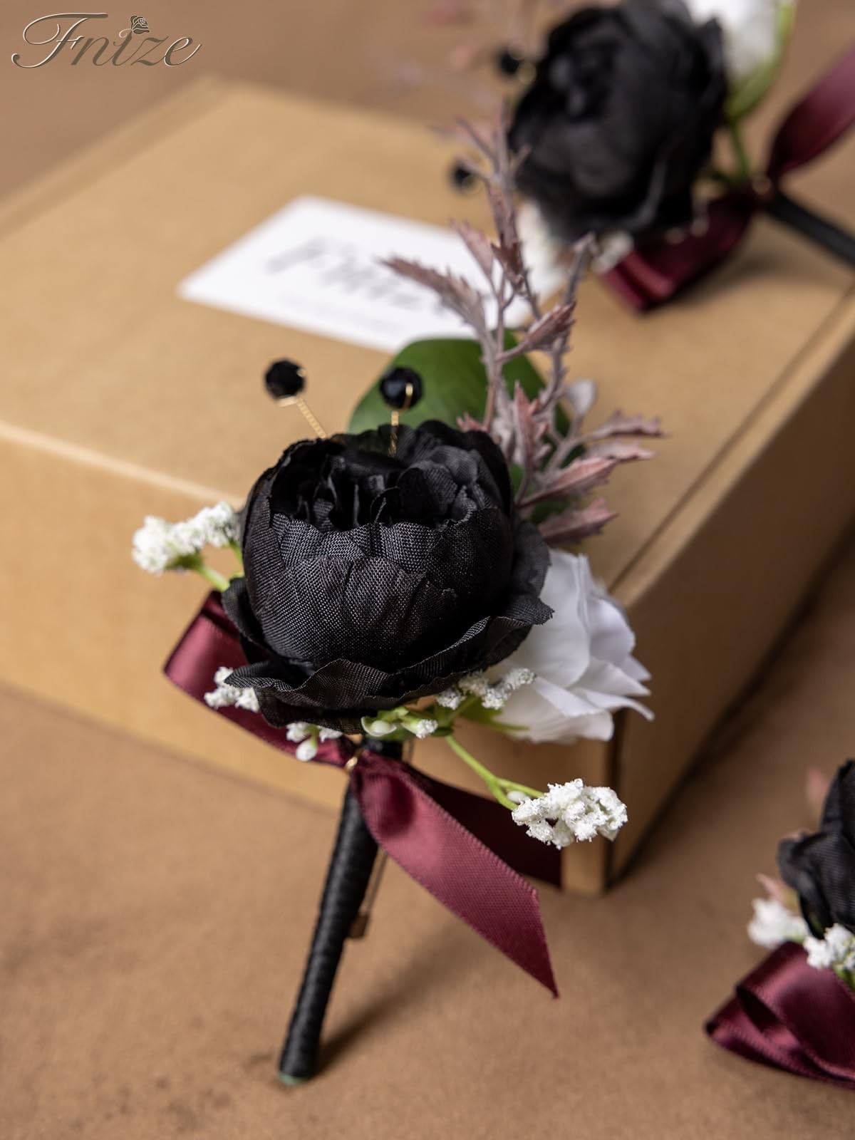 6 PCS Black White Men Boutonniere Artificial Silk Flower Wedding Prom Grooms