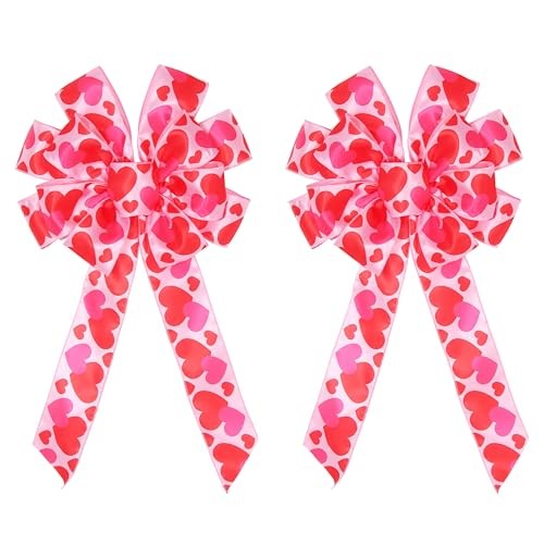 2Pcs Valentine’s Day Bows, Pink Valentine’s Day Wreath Bow Pink Heart Printed