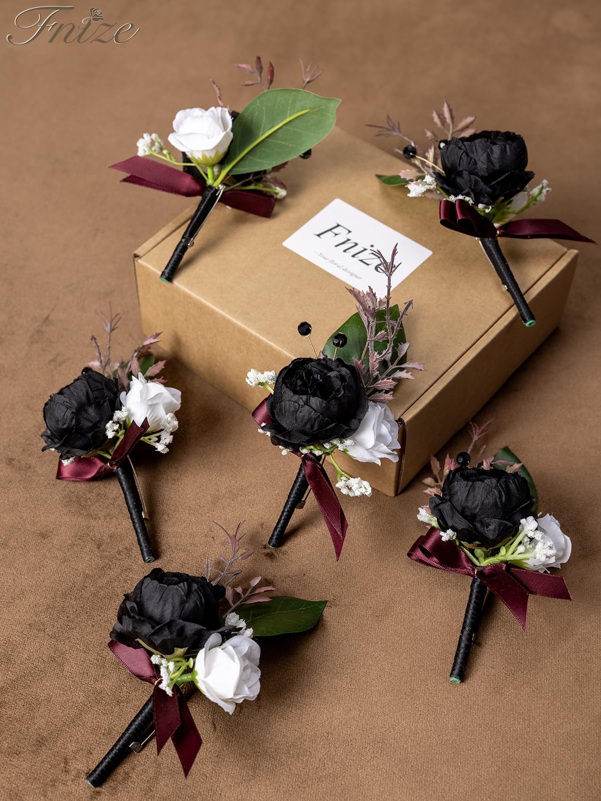 6 PCS Black White Men Boutonniere Artificial Silk Flower Wedding Prom Grooms