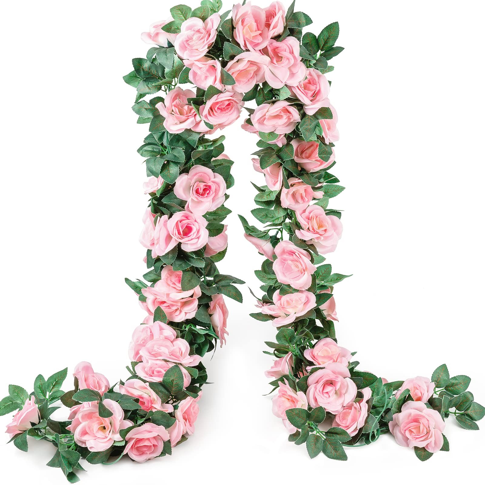 2 Pack Artificial Pink Rose Garland Vine – Total 16FT Silk Fake Blush Pink Ro…
