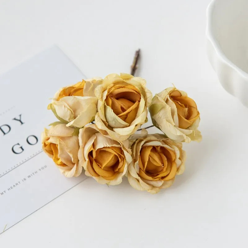 6Pcs Artificial Silk Tea Rose Mini Bouquet for Wedding Christmas Diy Home Decor